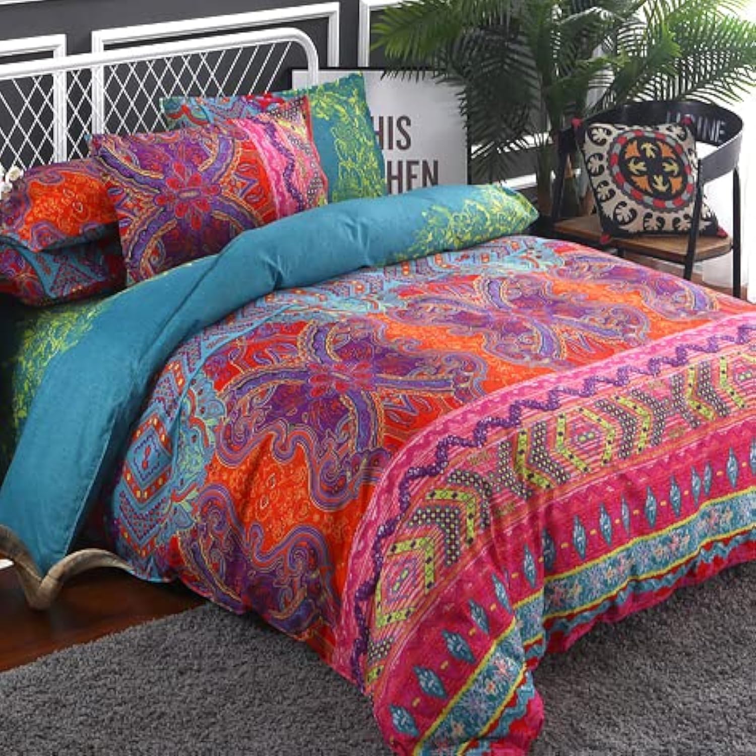 WONGS BEDDING Bohemian Comforter Set Queen, Ultra Soft Microfiber Reversible Boho Alternative Comforter Set - 3 Pieces (1 Solid Comforter + 2 Pillowcases), Bedding Duvet Set for Queen Bed - Image 7