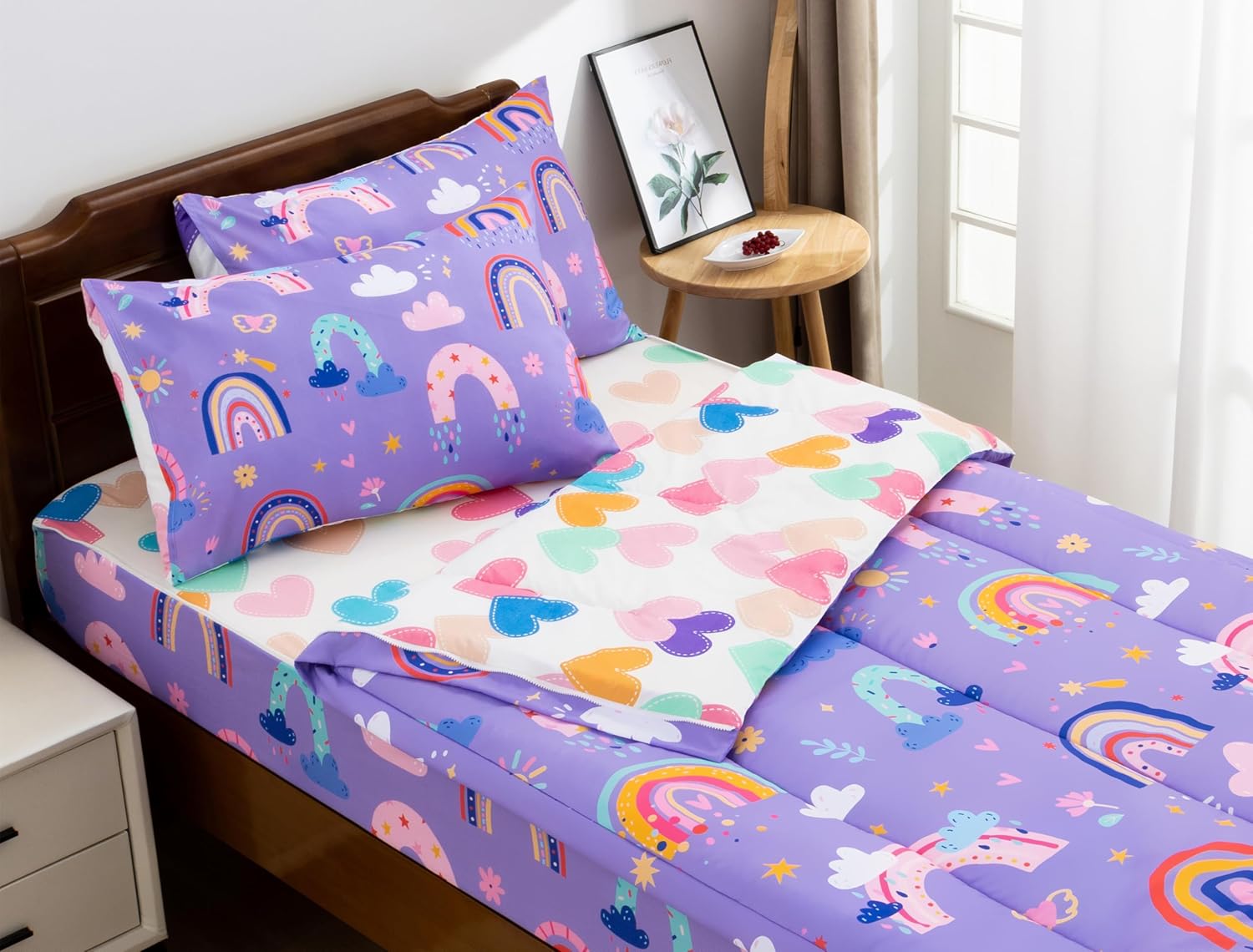 Meeting Story 3pcs Kids Comforter Sets Zipper Bedding Set for Girls,Twin Kid Bedding Set Rainbow Comforter Flower Bedding for Kid,All in one Zipper Bedding(Beige,Twin) - Image 11