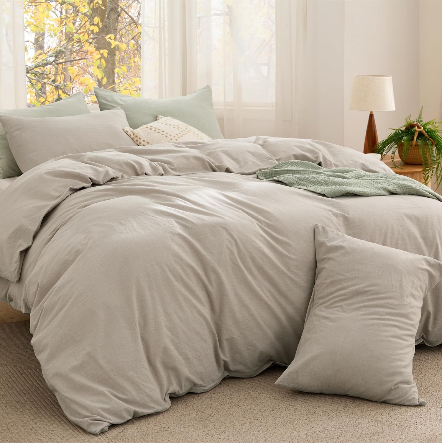 Bedsure Comforter Set King Size - Cotton Fabric with Microfiber Inner Fill, Grayish Olive Green Soft Bed Set for All Seasons, 3 Pieces, 1 Comforter (104" x 90") and 2 Pillow Cases (20" x 36") - Image 8