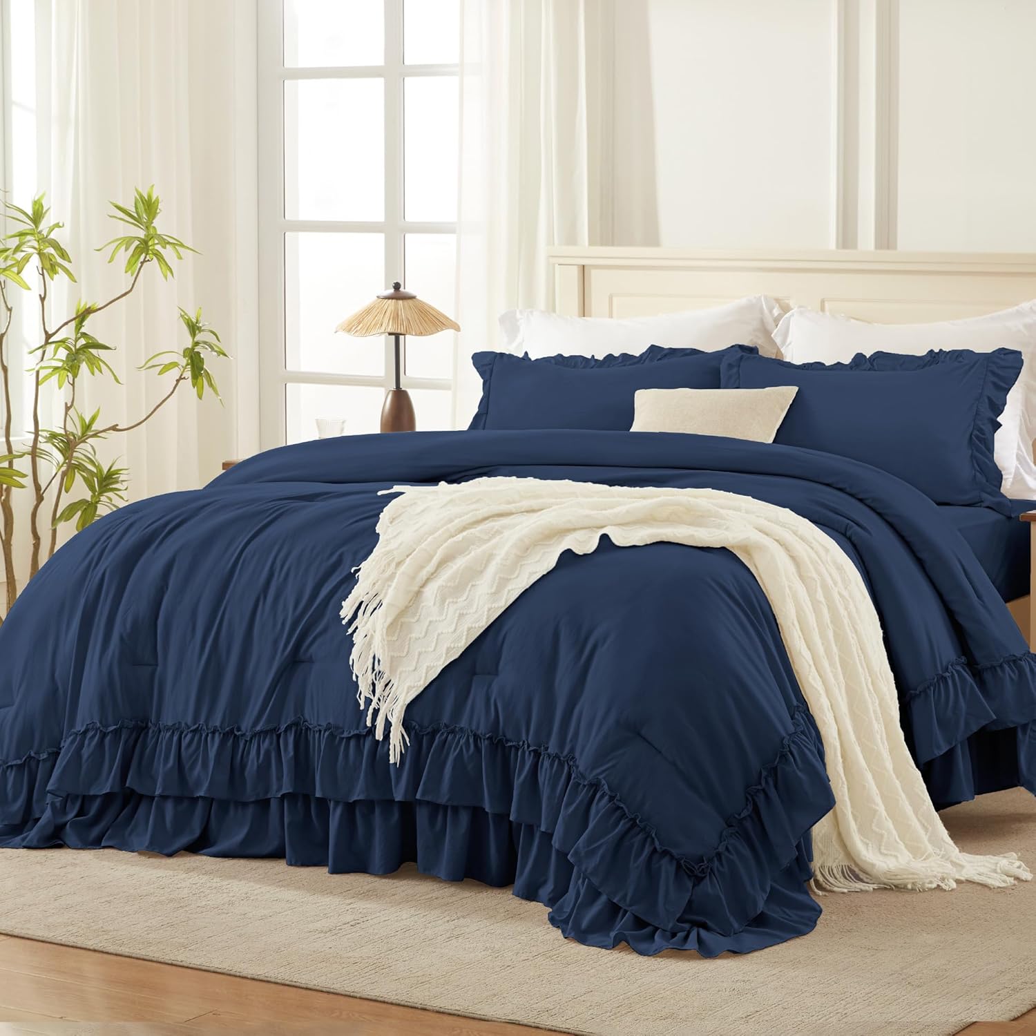 Andency Beige Full Size Comforter Set, 3 Pieces Farmhouse Shabby Chic Ruffle Comforter, Soft Lightweight Fluffy All Season Microfiber Bedding Comforter Set for Kids, Girls, Women - Image 19