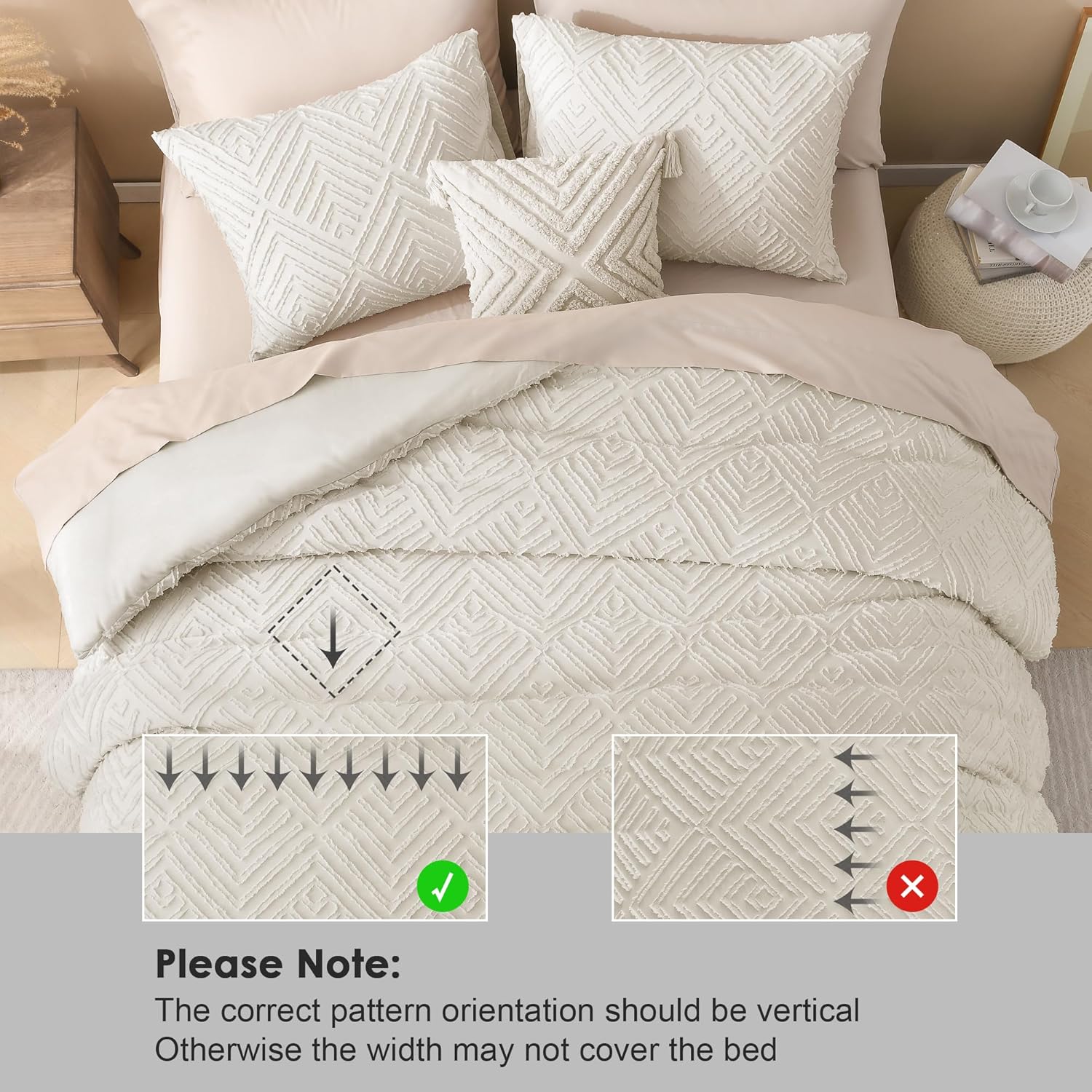 Litanika California King Comforter Set Beige, 3 Pieces Cream Tufted Boho Farmhouse Bedding Comforter Sets, Lightweight Fluffy Comforter Bed Set for All Season (104x96In Comforter and 2 Pillowcases) - Image 5