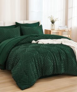 Andency Queen Comforter Set 7 Piece Dark Emerald Green - Bed in a Bag Queen Boho Lightweight Fluffy Tufted Bedding Sets with Comforter, Sheets, Pillowcases & Shams