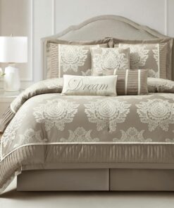 Beige California King Comforter Set 7 Pieces, Jacquard Woven with Damask, Bedding Set in a Bag Includes Comforter, Bed Skirt, Pillow Shams, and Decorative Pillows