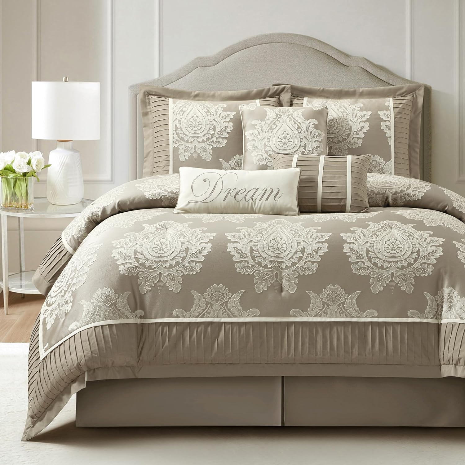 Beige California King Comforter Set 7 Pieces, Jacquard Woven with Damask, Bedding Set in a Bag Includes Comforter, Bed Skirt, Pillow Shams, and Decorative Pillows