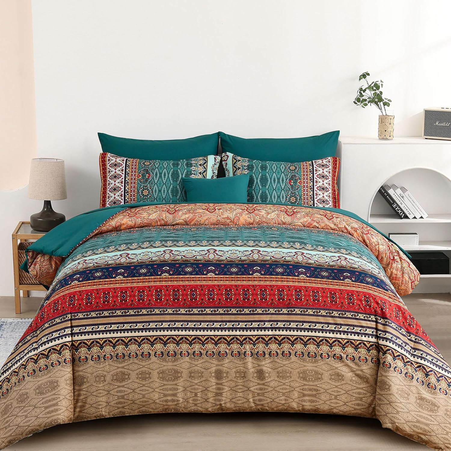 Cottolester Boho Comforter Set Full Size 8 Piece Bed in a Bag Bohemian Striped Bedding Quilt Set Aqua Paisley Floral Comforter and Sheet Set,Soft Microfiber Complete Bedding Sets for All Season - Image 11