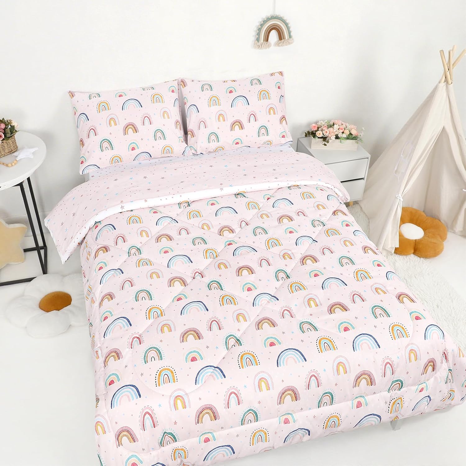 Toddler Bedding Set for Girls, 4 Piece Rainbow Toddler Girl Bedding Set, Super Soft & Lightweight Toddler Comforter Set Includes Comforter, Flat Sheet, Fitted Sheet, Pillowcase (Pink) - Image 10