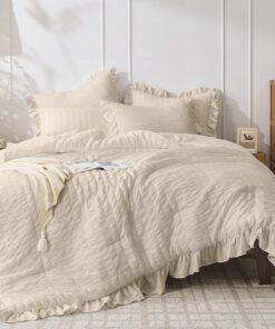 JOLLYVOGUE Beige King Comforter Set, 3 Pieces Seersucker Comforters King Size, Lightweight & Fluffy Bedding Sets for All Season with 1 Ruffle Comforter and 2 Ruffle Pillowshams