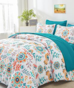 Boho Comforter Set Queen - 7 Pieces Bed in a Bag Floral Medallions Design, Bohemian Comforter Set with Sheets, Soft Microfiber Complete Bedding Sets All Season (Teal Blue, Queen)