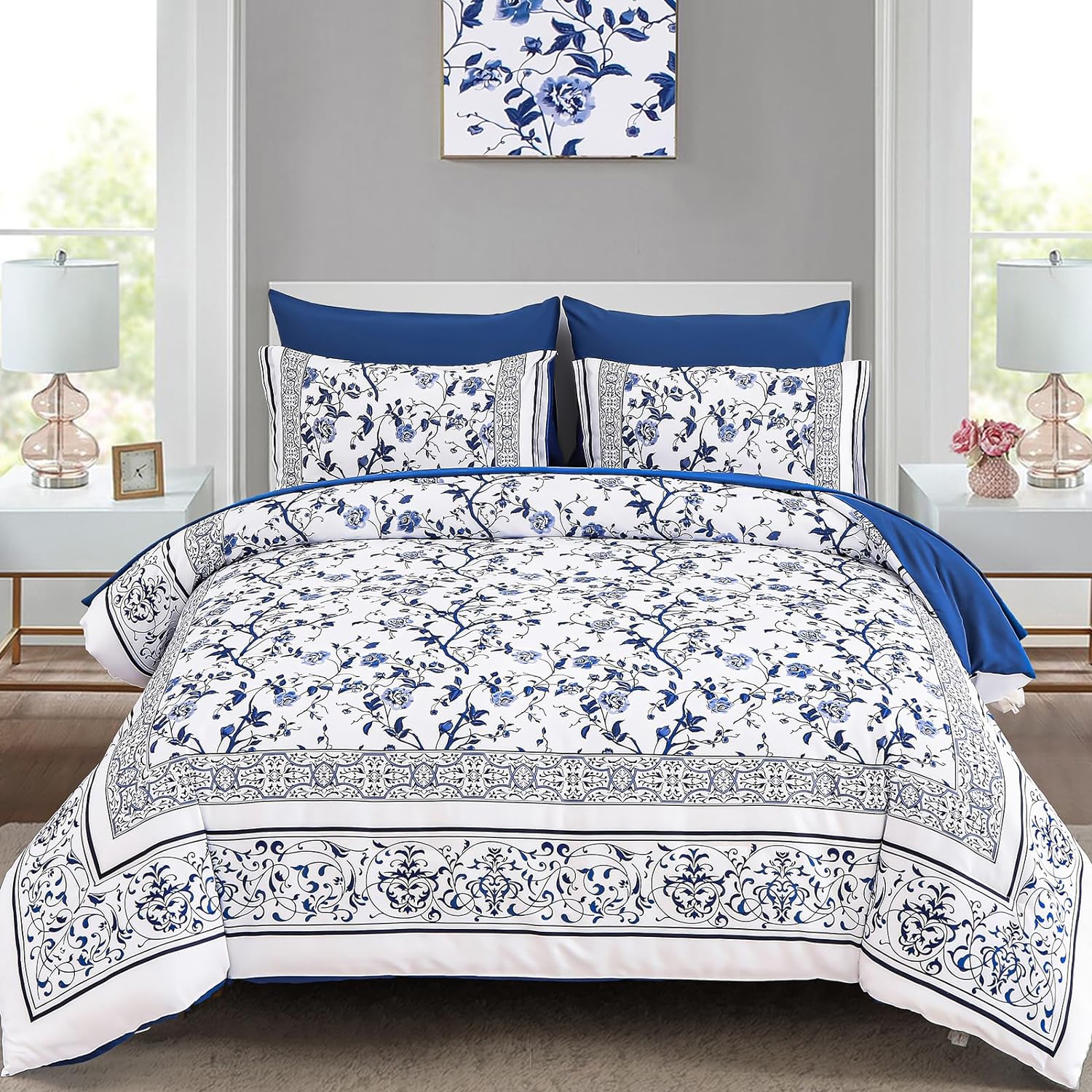 Dobuyly Floral Queen Comforter Set, 7 Piece Bed in a Bag Queen Size Blue Flowers on White Botanical Bedding Set, Soft Microfiber Bedding Comforter Sets with Sheets for All Season - Image 2
