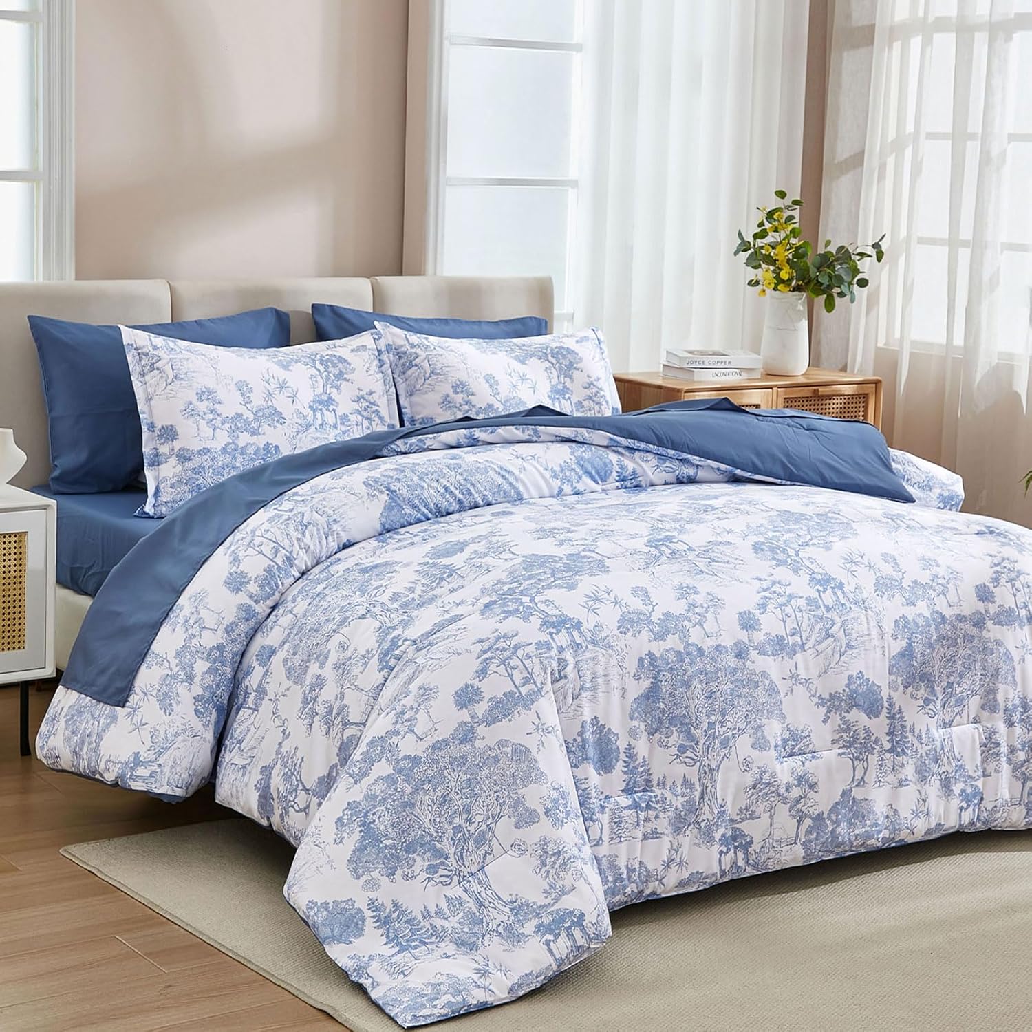 DJY Blue Comforter Set Queen, 7 Pieces Bed in a Bag Queen Size Botanical Comforters with Sheets Elegant Plants Print Soft Microfiber Reversible Complete Bedding Sets for All Season - Image 2