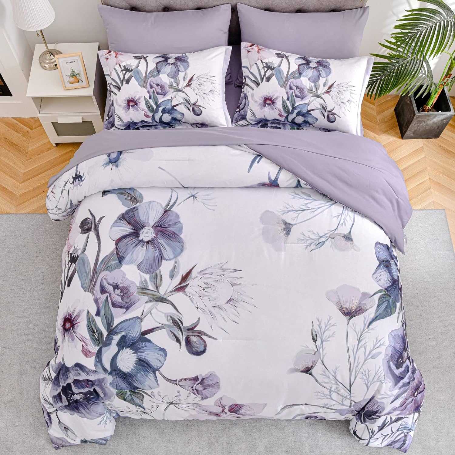 Luxudecor Floral Comforter Set Queen Size 7 Piece, Purple Flower Bed in a Bag, Elegant Floral Comforter with Sheet Set, Soft Microfiber Bedding Set for All Season (Purple, 90"x90") - Image 3