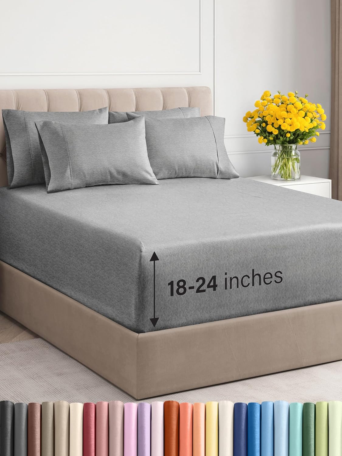Extra Deep Cal King Sheet Set - 6 Piece Breathable & Cooling Sheets - Hotel Luxury Bed Sheets Set - Easy & Secure Fit - Soft, Wrinkle Free & Comfy Sheets Set - Grey Sheet Set with Extra Deep Pockets - Image 58