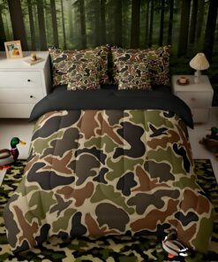 Feelyou Duck Hunter Green Camouflage Hunting 7 Pieces Bedding Set, Queen Size Black Brown All Season,Bed in a Bag with Comforter, Sheets, Pillowcases Camo Army Bed Set Breathable Wild Room Decor