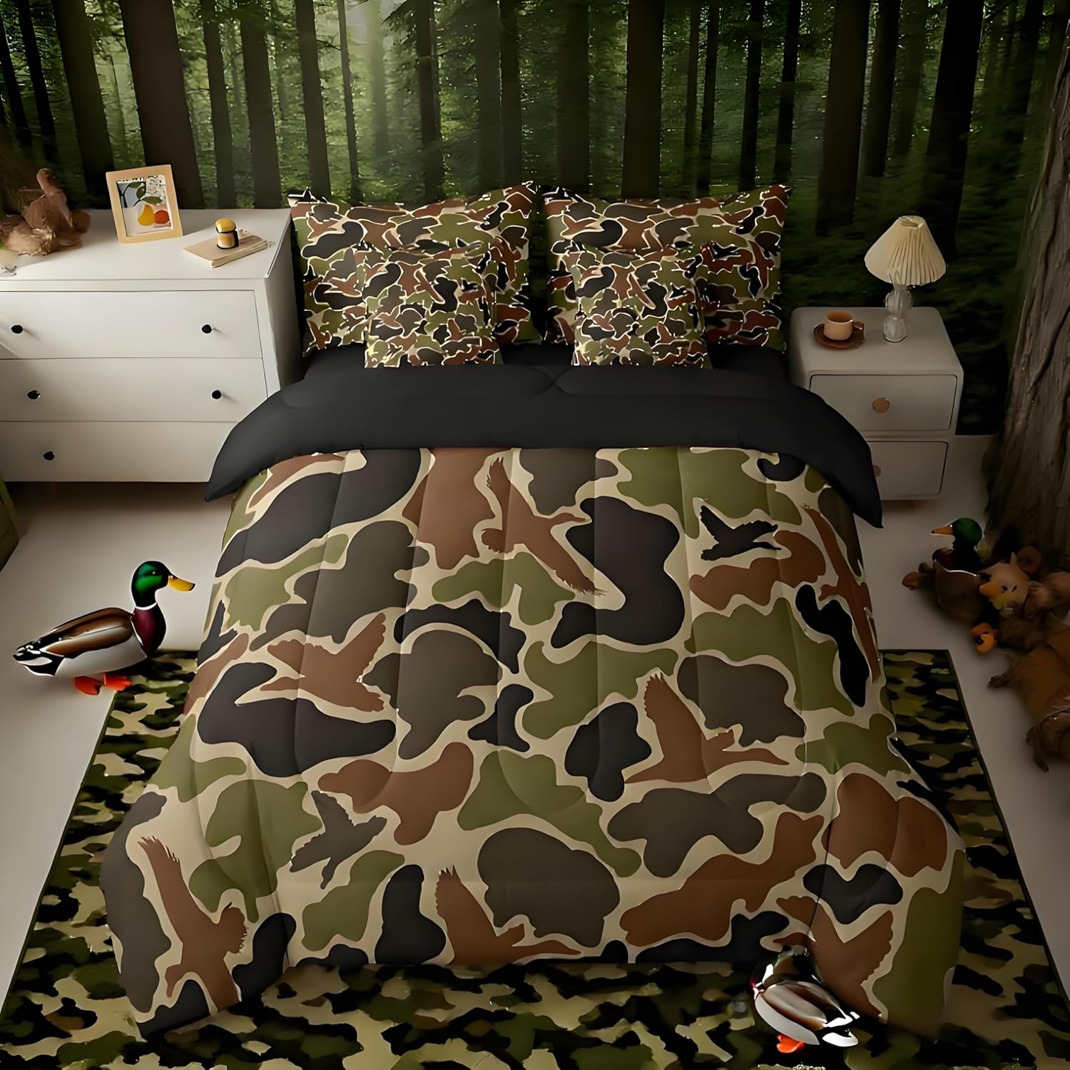 Feelyou Duck Hunter Green Camouflage Hunting 7 Pieces Bedding Set, Queen Size Black Brown All Season,Bed in a Bag with Comforter, Sheets, Pillowcases Camo Army Bed Set Breathable Wild Room Decor