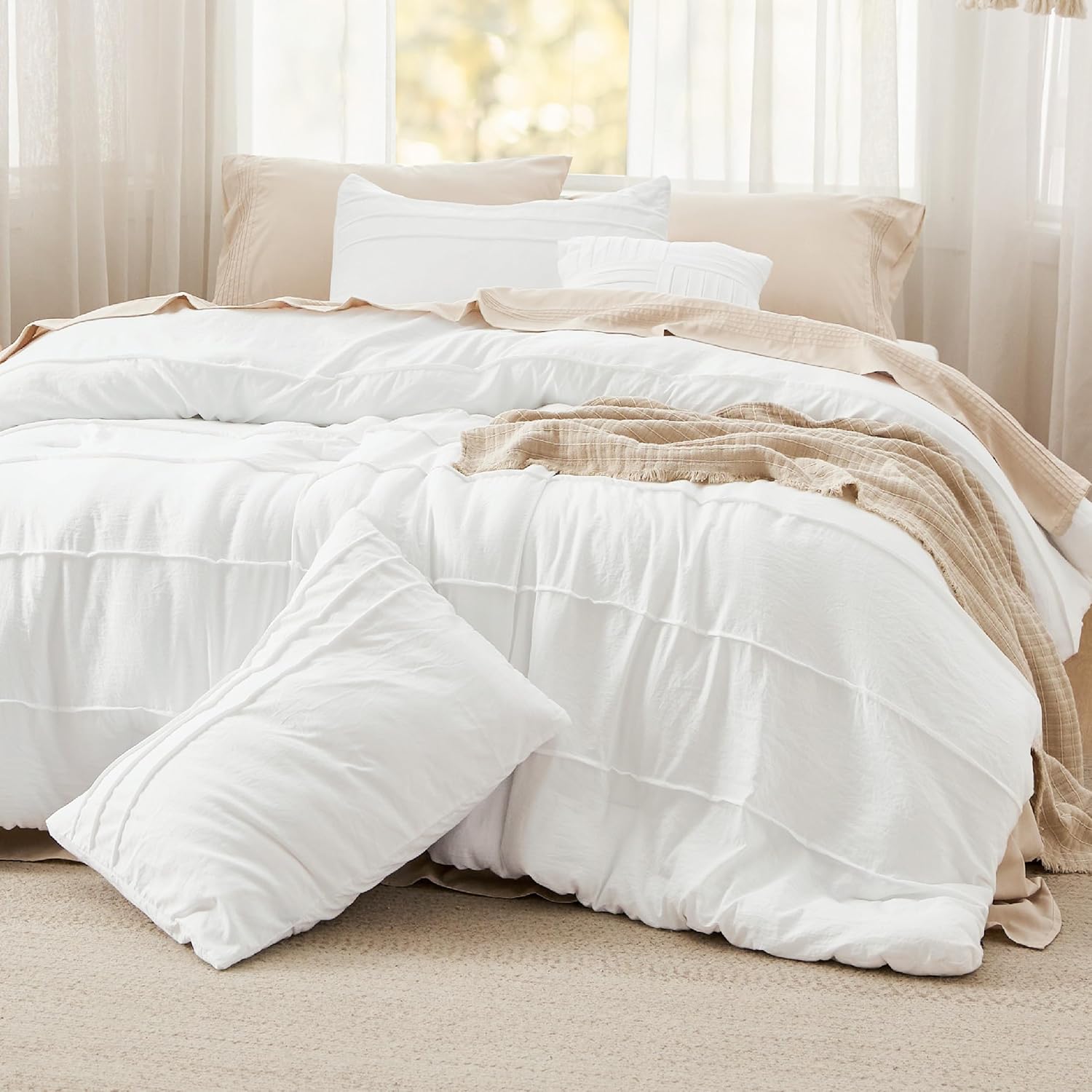 Bedsure Queen Comforter Set - 4 Pieces Pinch Pleat Bed Set, Beige Boho Bedding for All Season, 1 Soft Comforter, 2 Pillowcases, 1 Decorative Pillow - Image 34