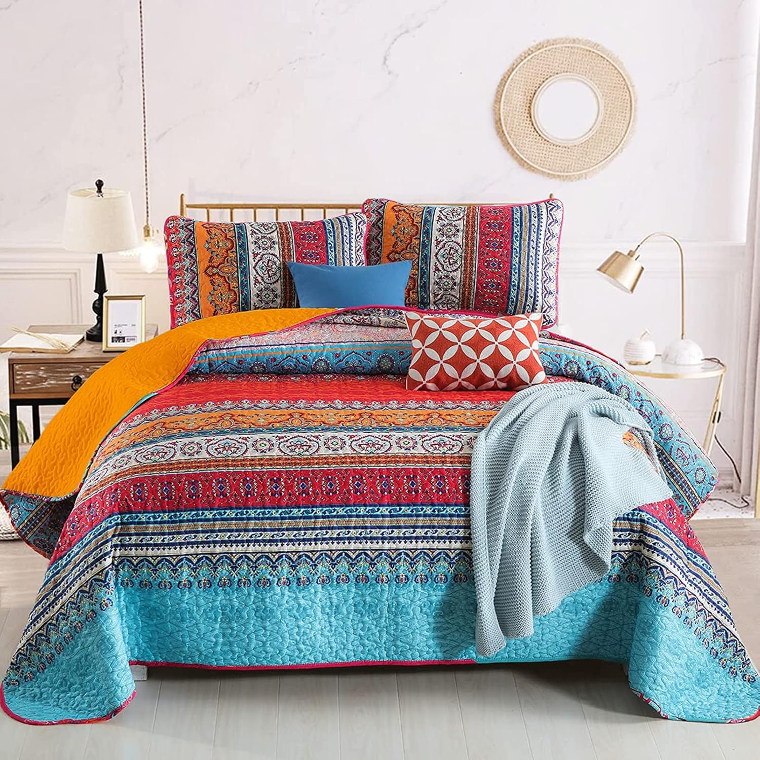 WONGS BEDDING Bohemian Quilt Set King Size, Boho Striped Printed Bedding Bedspread Coverlet Set for All Season, Lightweight Microfiber Quilts with 2 Pillowcases 104"x90" (3 Pieces, Colorful) - Image 26