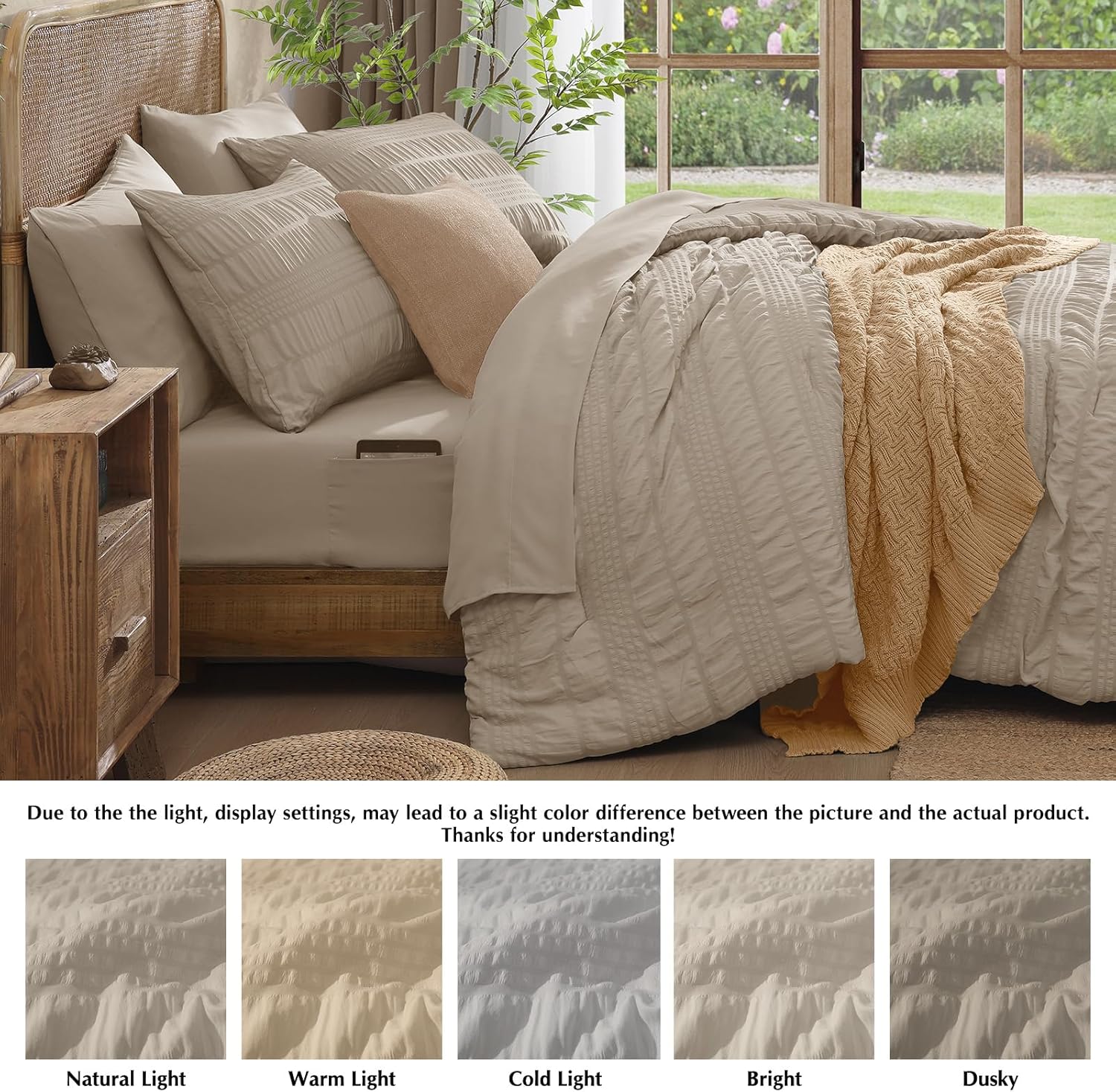 CASAAGUSTO Queen Comforter Set, 7 Pieces Oatmeal Seersucker Bed in a Bag Queen Size Soft All Seasons, Bedding Sets with Comforter, Flat Sheet, Fitted Sheet, 2 Pillow Shams, 2 Pillowcases - Image 5