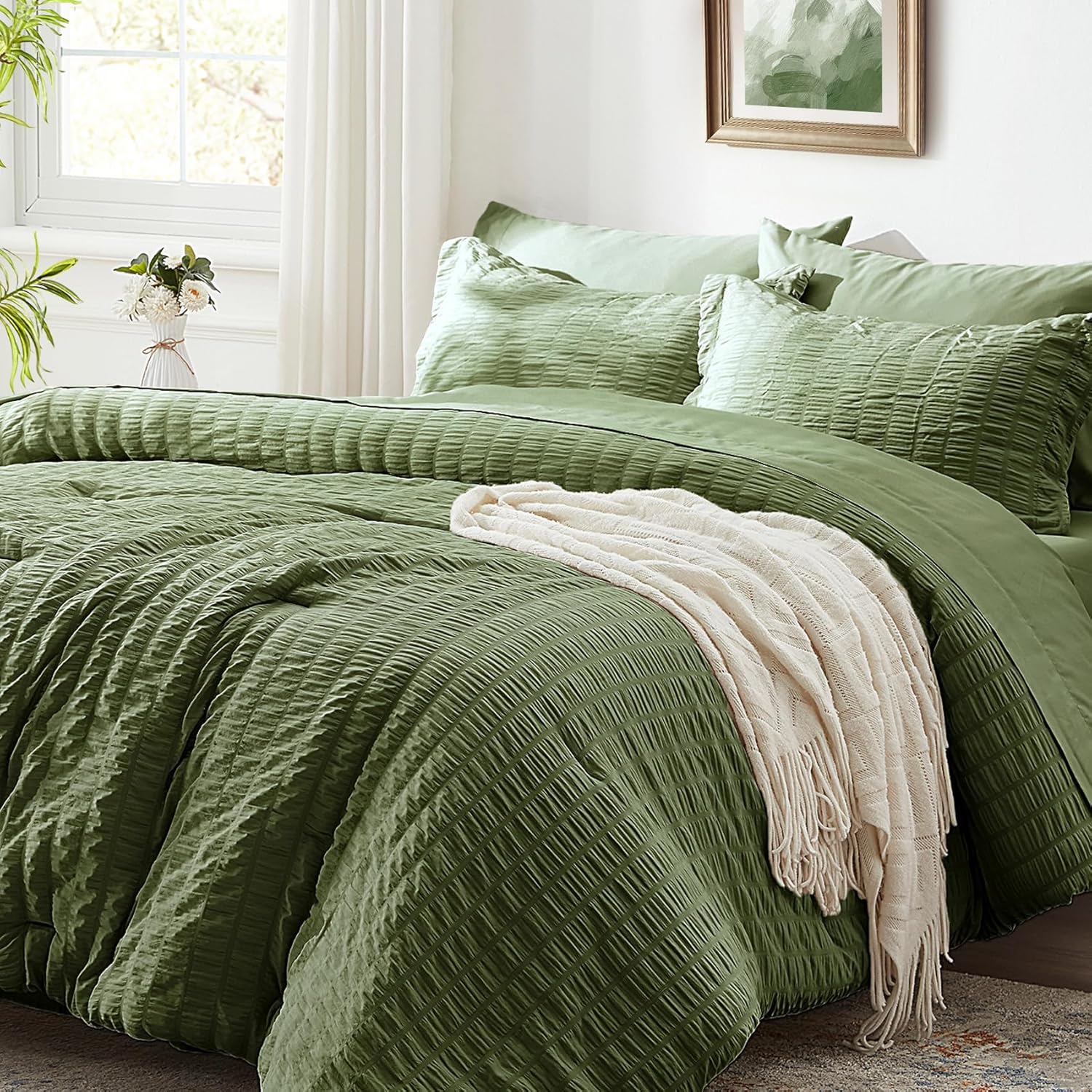 Zzlpp Queen Comforter Set 7 Pieces, Olive Green Seersucker Bed in a Bag with Comforter and Sheets, All Season Bedding Sets with 1 Comforter, 2 Pillow Shams, 2 Pillowcases, 1 Flat Sheet - Image 2