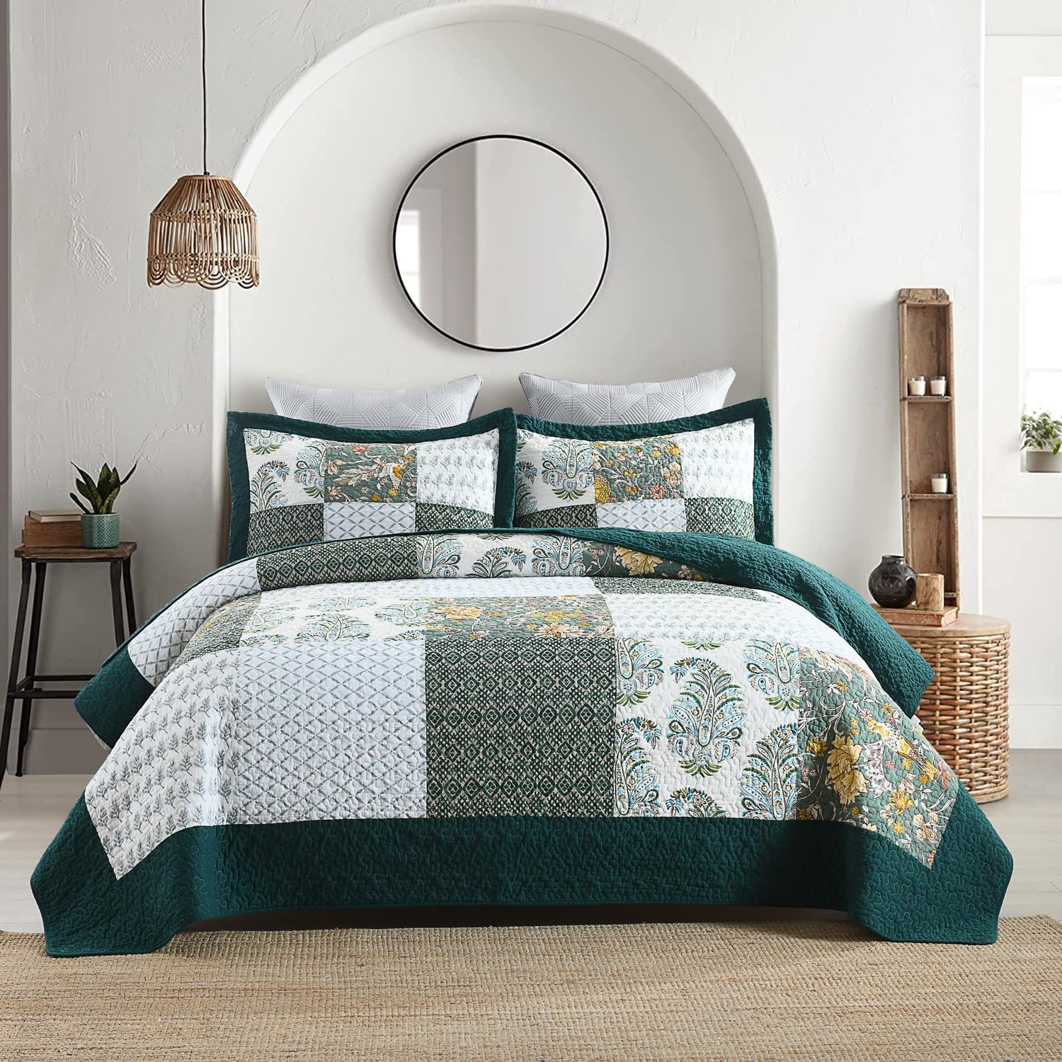 Secgo Queen Comforter Set for Bed - 100% Cotton Quilts Queen Size, Green, Sage Bedspreads (90 * 98 Inch) with 2 Pillow Shams, Patchwork Reversible Lightweight Bedding - Image 21