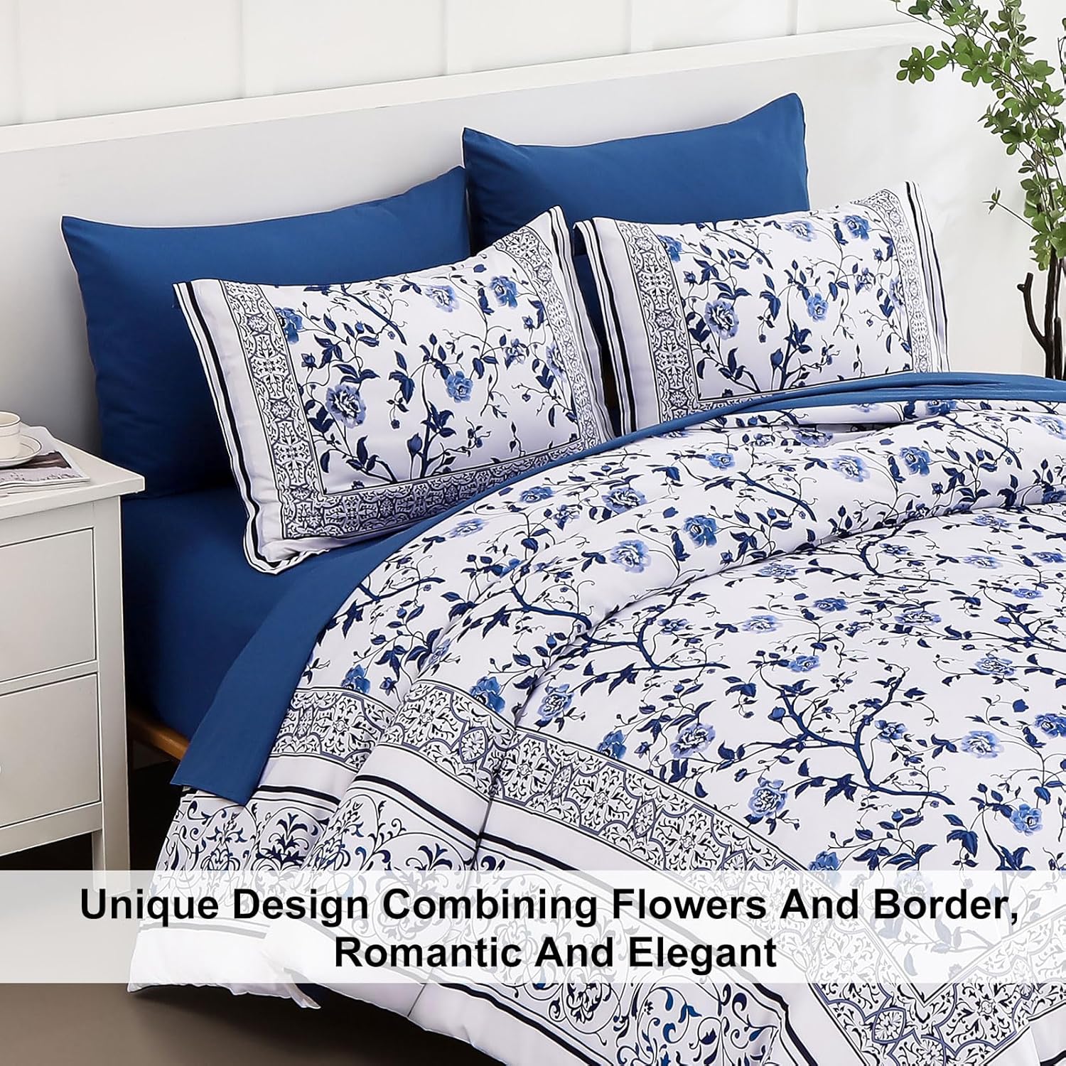 Dobuyly Floral Queen Comforter Set, 7 Piece Bed in a Bag Queen Size Blue Flowers on White Botanical Bedding Set, Soft Microfiber Bedding Comforter Sets with Sheets for All Season - Image 4