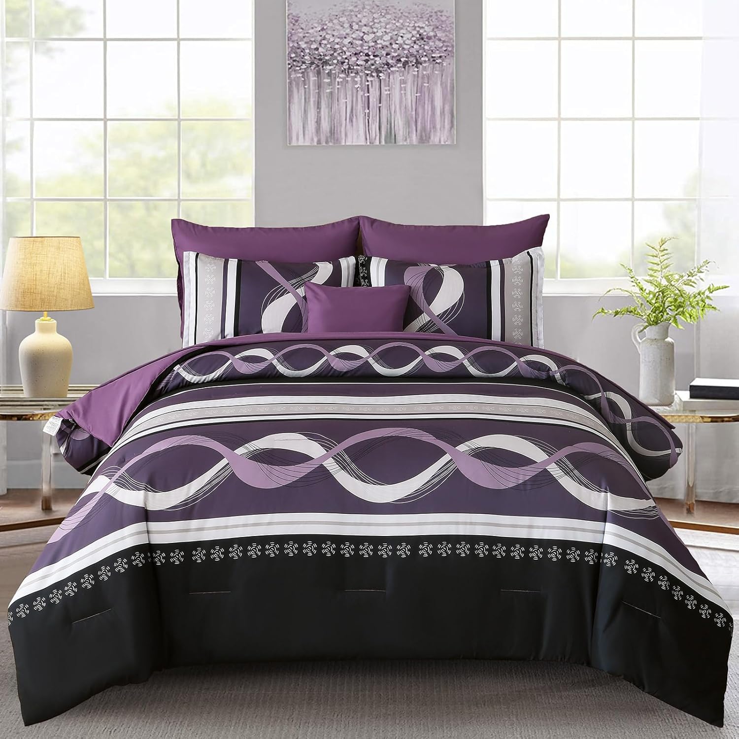 Anibedding Black Comforter Set Queen Size,8 Pieces Boho Bed in a Bag Patchwork Striped Comforter Set, Soft Microfiber Bedding Set for All Season(90"×90") - Image 7