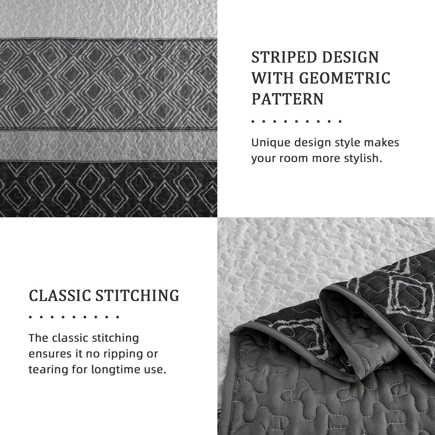 Cottolester Boho Quilt Set King Size 3 Pieces,Grey Striped Plaid Bedspread,Soft Microfiber Bedding Set with 2 Pillow Shams 110"x90" - Image 5