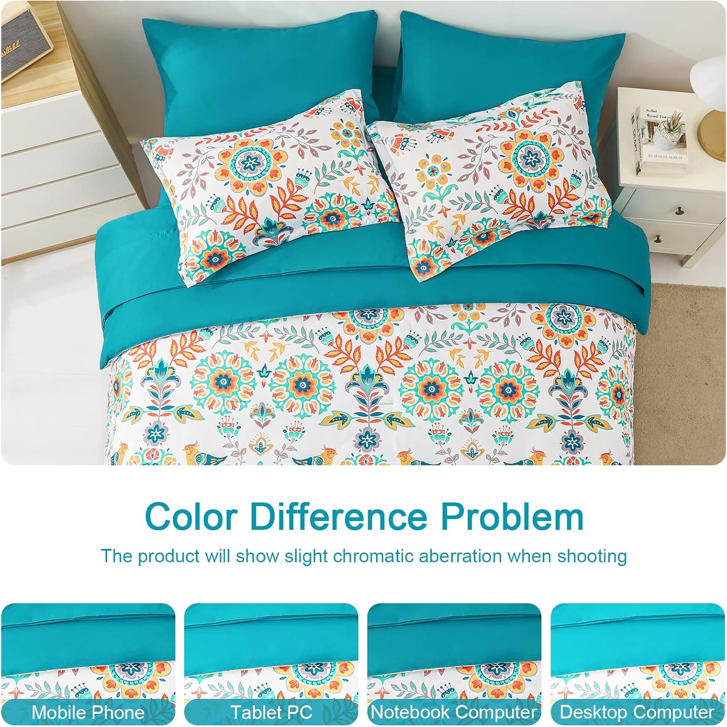 Boho Comforter Set Queen - 7 Pieces Bed in a Bag Floral Medallions Design, Bohemian Comforter Set with Sheets, Soft Microfiber Complete Bedding Sets All Season (Teal Blue, Queen) - Image 5