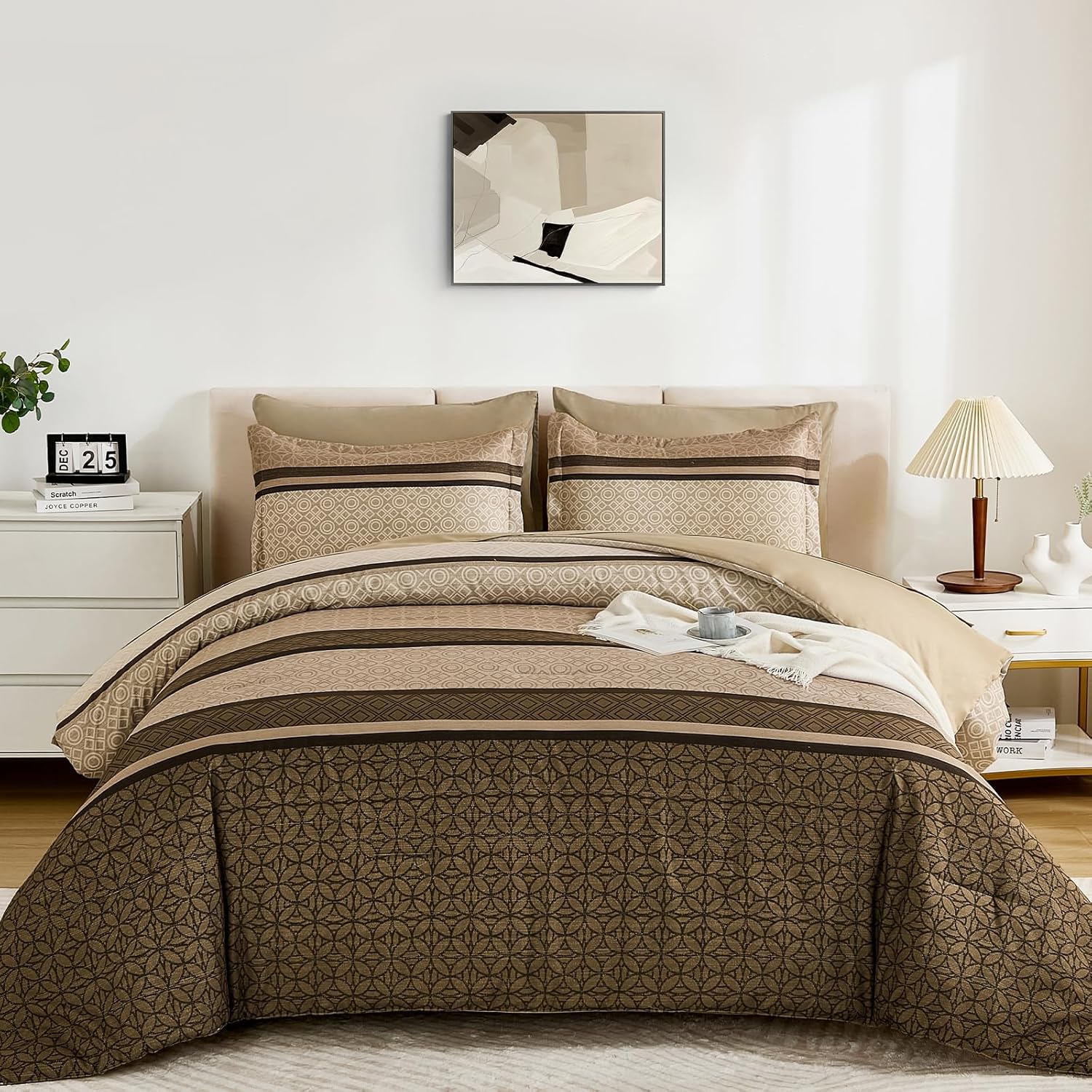 WONGS BEDDING 7 Pieces Comforter Set King Size, Brown Striped Bed in a Bag Comforter and Sheet Set, Bohemian Soft Lightweight Micorfiber Bedding Set for All Season (90"×104") - Image 2