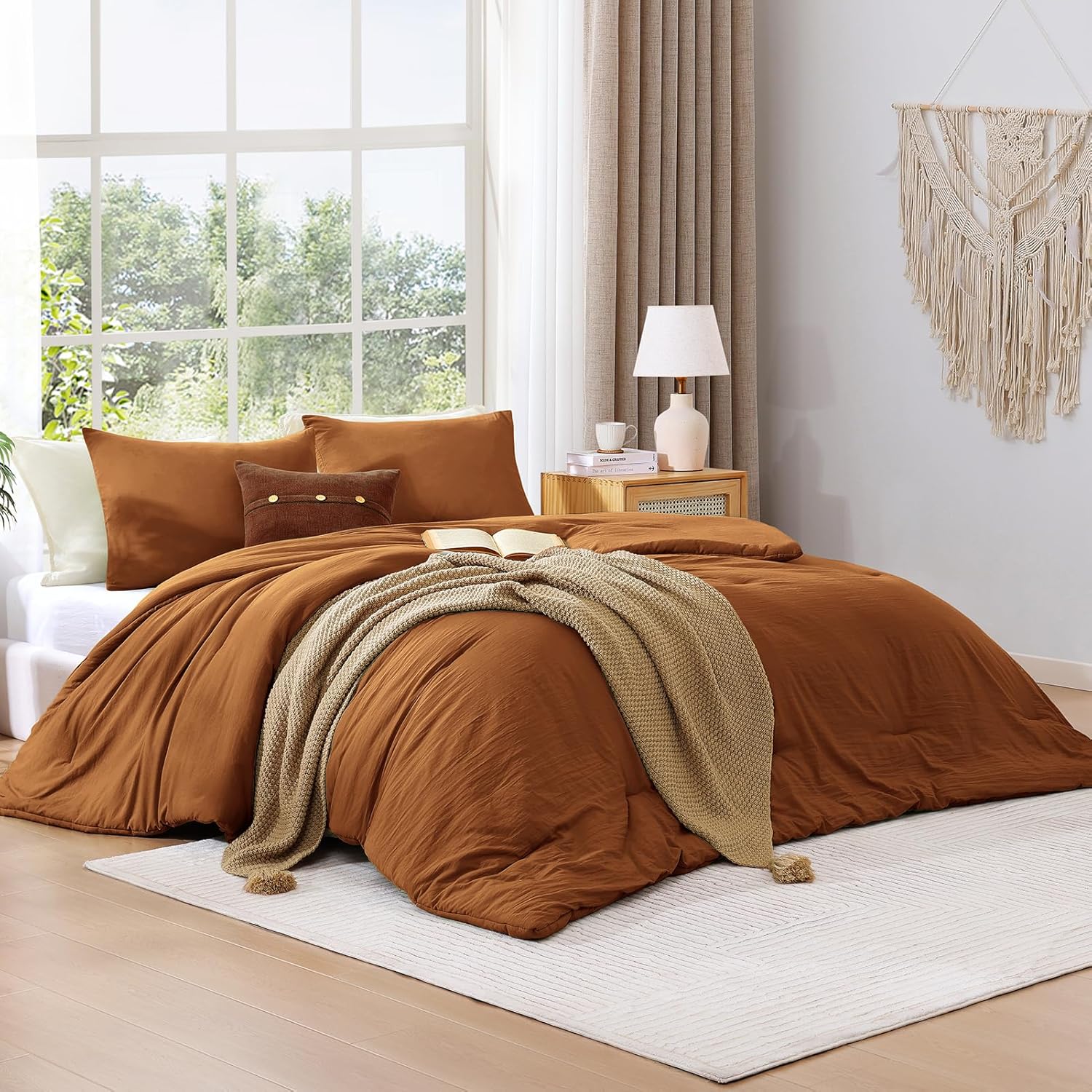 WRENSONGE King Size Comforter Set - 3 Pieces Prewashed Burnt Orange Soft Lightweight Bedding for All Seasons,Fluffy Down Alternative Comforter King Size with 2 Pillow Shams - Image 5