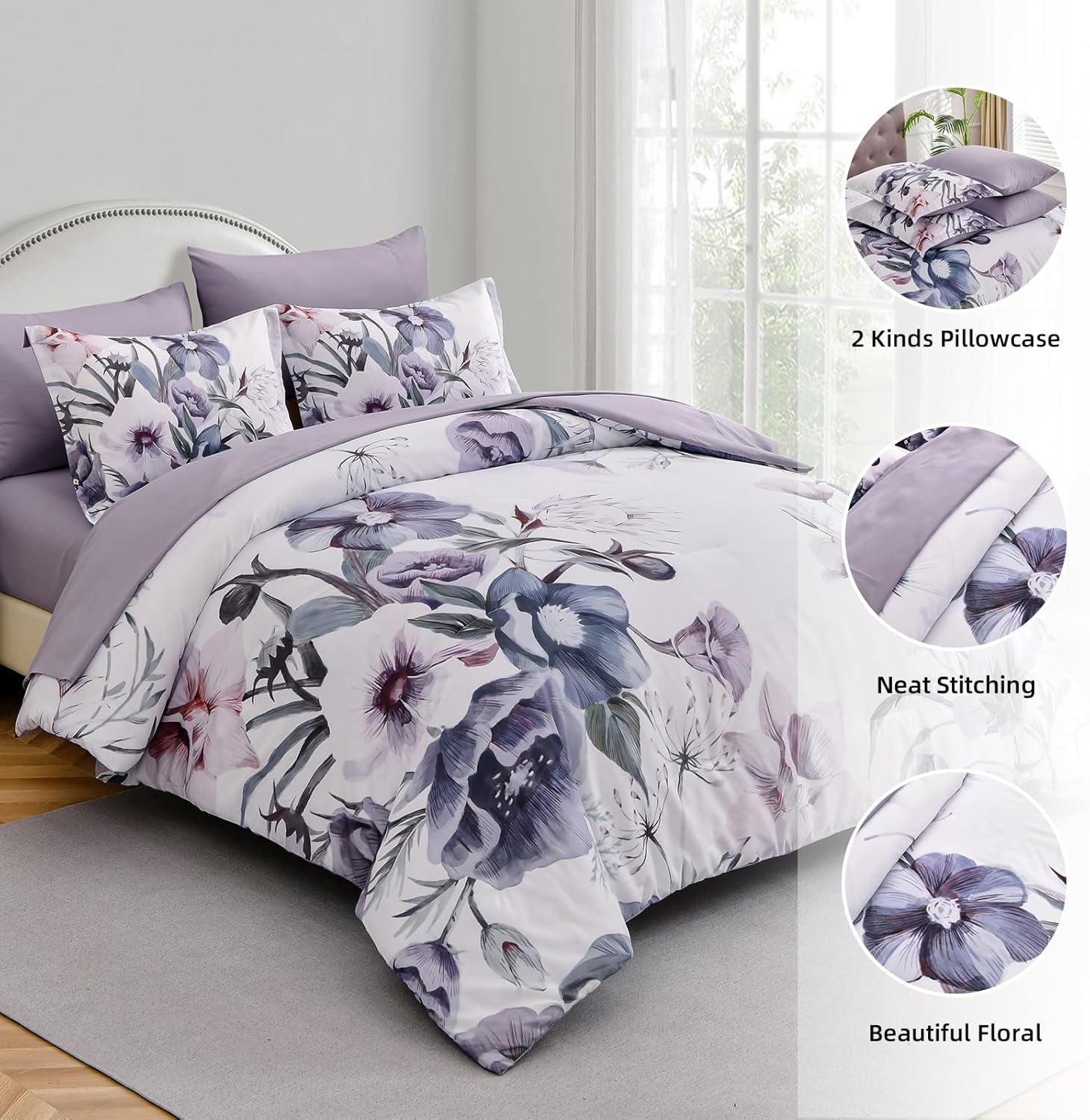 Luxudecor Floral Comforter Set Queen Size 7 Piece, Purple Flower Bed in a Bag, Elegant Floral Comforter with Sheet Set, Soft Microfiber Bedding Set for All Season (Purple, 90"x90") - Image 6