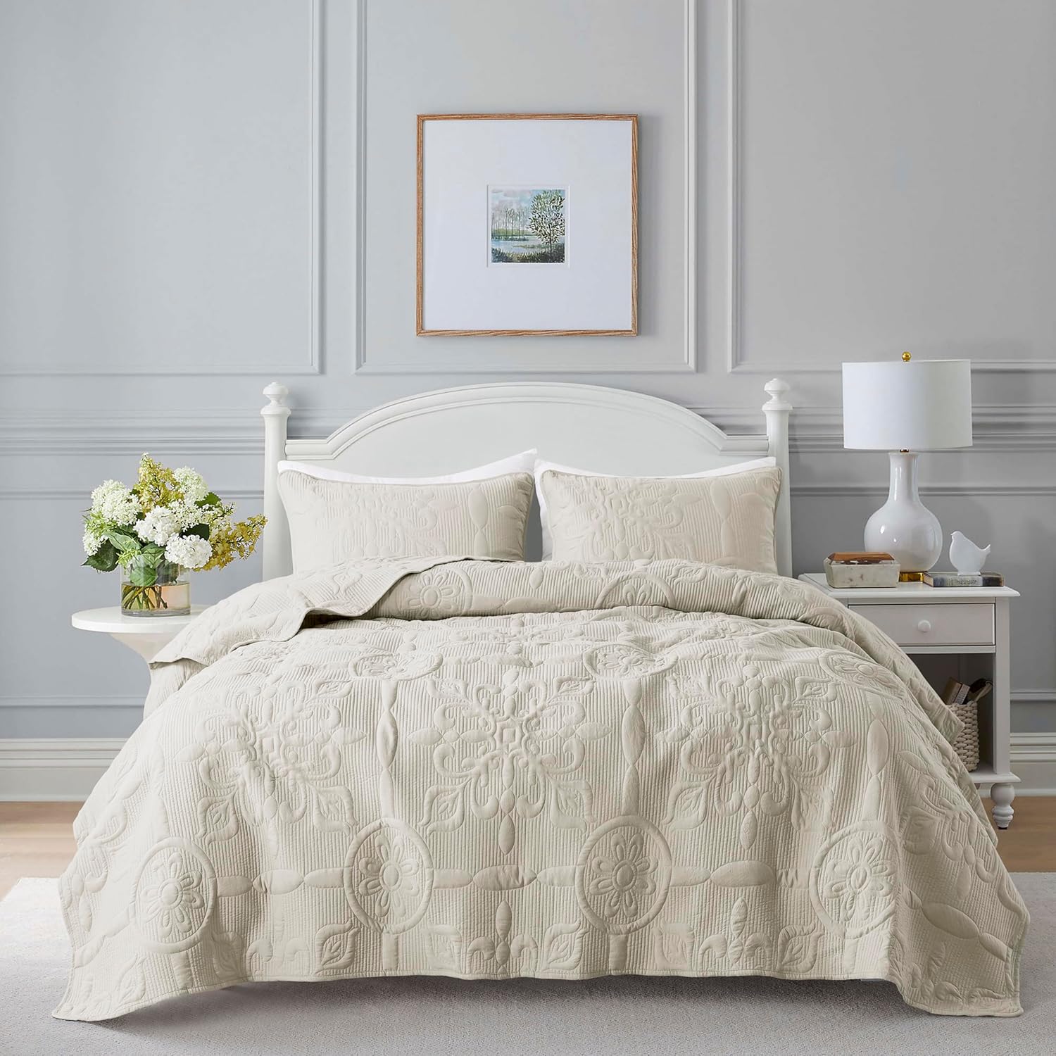 B2EVER Beige Damask Quilt Twin Size Bedding Sets with 1 Pillow Sham, Boho Bedspread Lightweight Soft Farmhouse Vintage Bohemian Coverlet Retro Jacquard Pattern Bed Cover for All Season, 2 Pieces - Image 18
