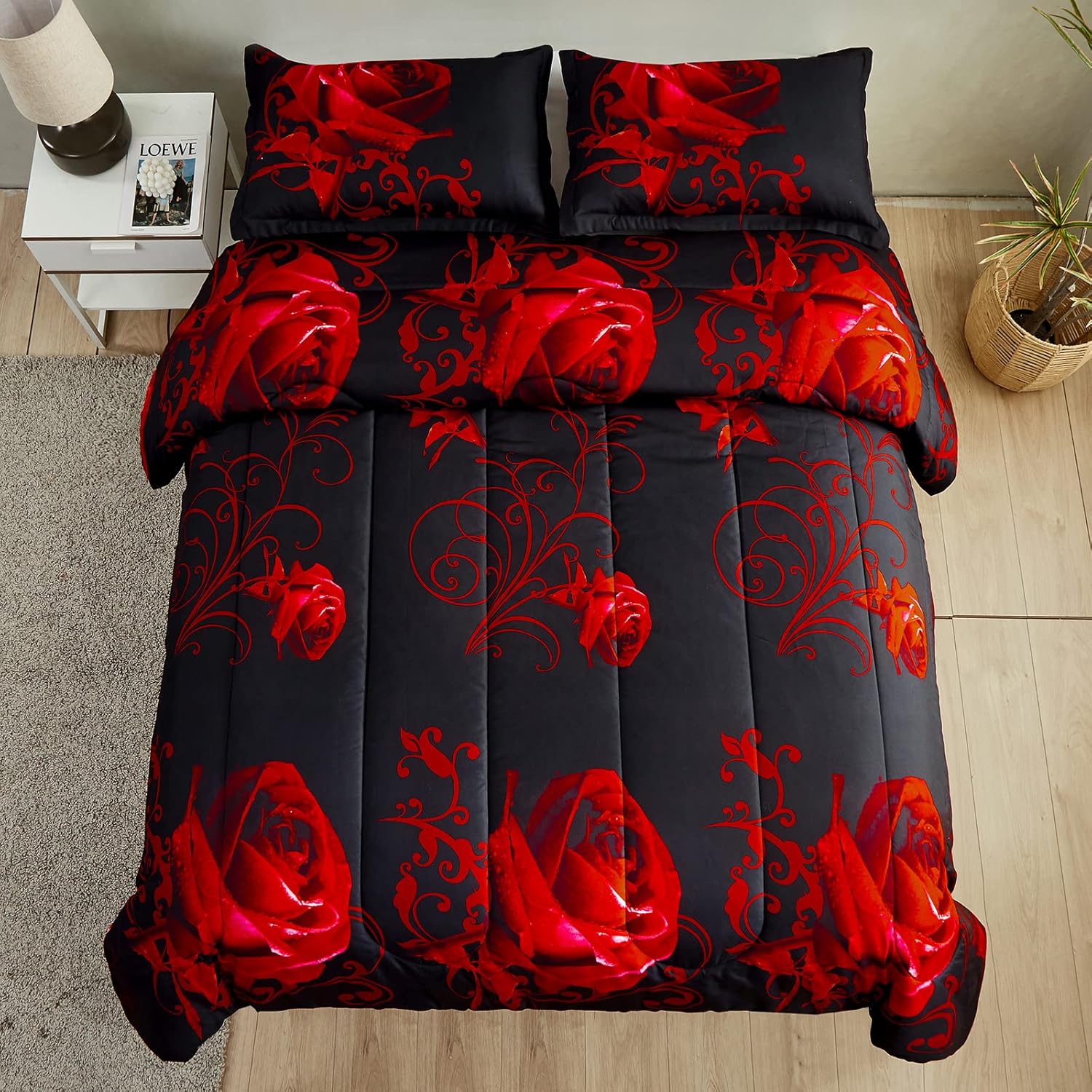 WONGS BEDDING Red Comforter Set Queen Reversible Red Rose Pattern Printed Bedding Down Comforter with 2 Pillowcases for All Seasons, Soft Microfiber Lightweight Bedding Set 90"x90" - Image 5