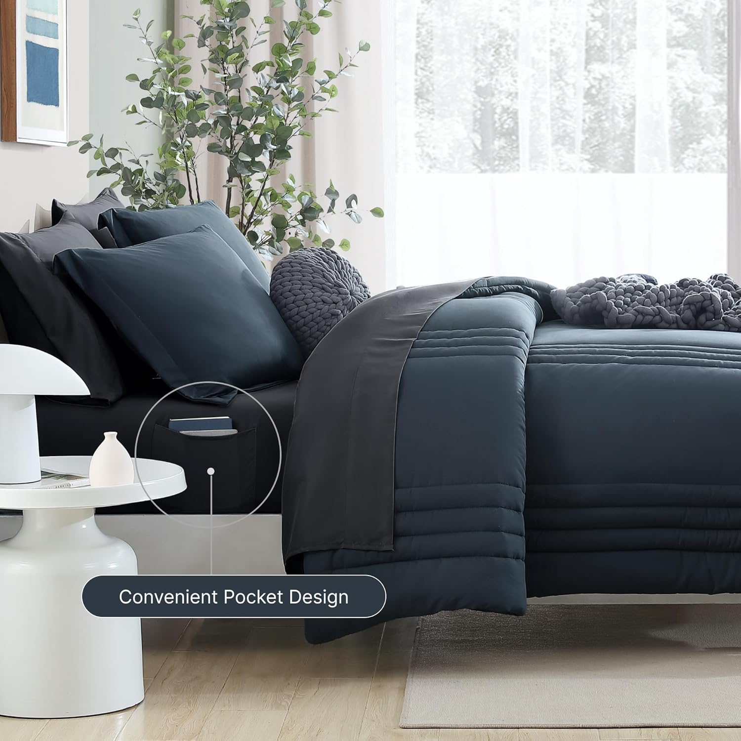 Monbix Queen Comforter Set - 7 Pieces Blue Gray Bed in a Bag Queen Bedding Sets with Comforters, All Seasons Comforter Bed Set with Sheets,Pillowcases & Shams - Image 3