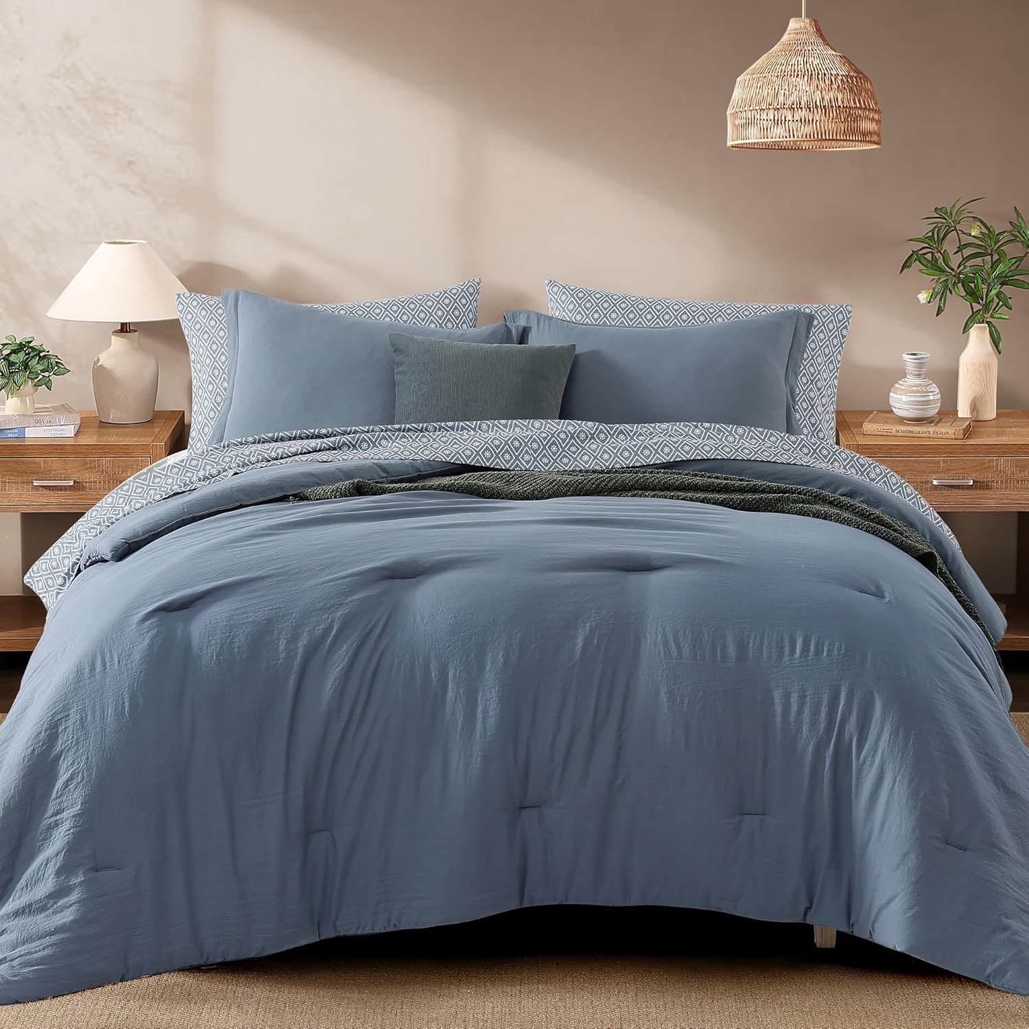 Monbix Queen Comforter Set - 7 Pieces Dusty Blue Prewashed Bed in a Bag Queen Bedding Sets with Comforters, All Seasons Ultra Soft Comforter Bed Set with Sheets,Pillowcases & Shams - Image 14