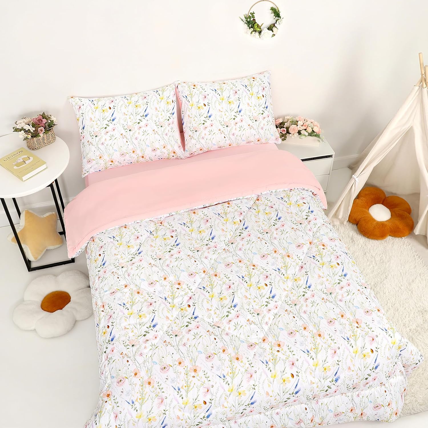 Toddler Bedding Set for Girls, 4 Piece Rainbow Toddler Girl Bedding Set, Super Soft & Lightweight Toddler Comforter Set Includes Comforter, Flat Sheet, Fitted Sheet, Pillowcase (Pink) - Image 8