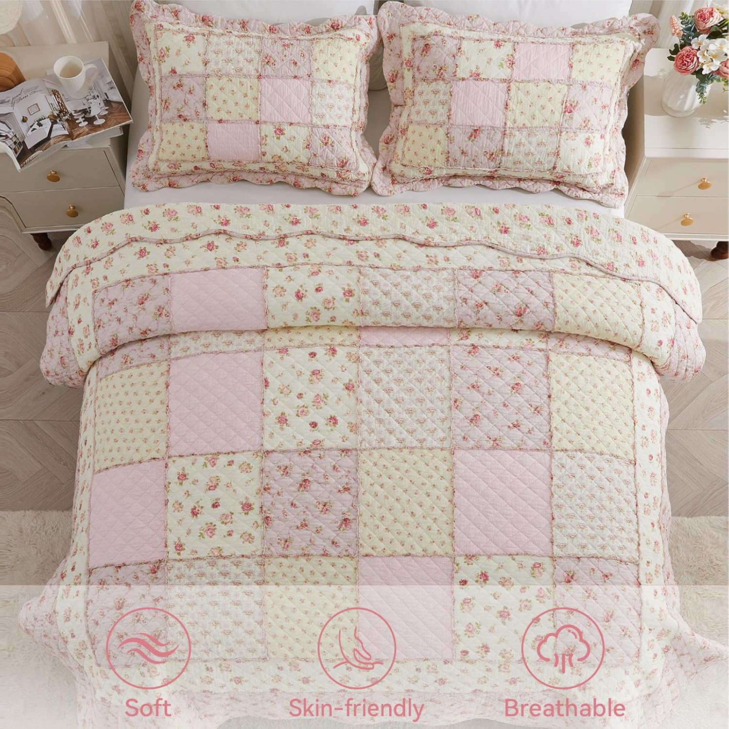 Cozyholy Queen Size Quilt Set 3-Piece, 100% Cotton Patchwork Quilt, Pink Floral Reversible Shabby Chic Bedding Bedspread for All Season, Soft Quilted Blanket with 2 Pillow Shams Machine Washable - Image 6