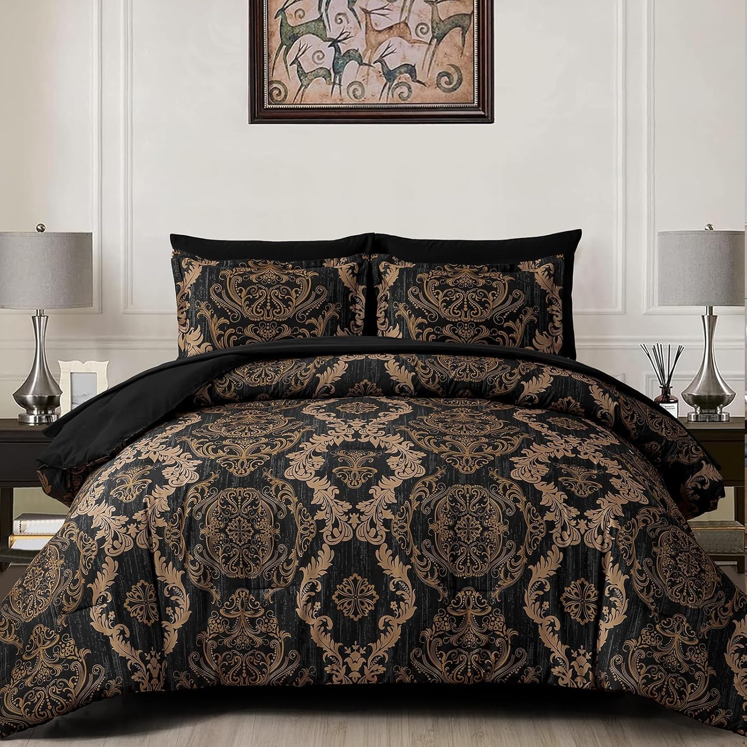 WONGS BEDDING Black Comforter Set Queen Size, Gold Damask Texture 7 Pieces Bed in a Bag Microfiber Comforter Bedding Sets -1 Comforter, 1 Flat Sheet, 1 Fitted Sheet, 2 Pillow Shams, 2 Pillowcases - Image 9