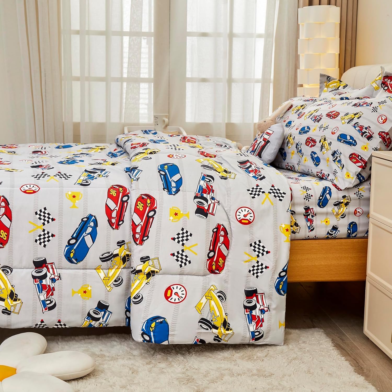 Mooreeke Full Size Comforter Sets for Boys Kids, 8 Pieces Bed in a Bag Racing Car Bedding Comforter Sheet Set with Shams and Decorative Toy Pillow, Ultral Soft Microfiber Kids Bed Set - Image 4