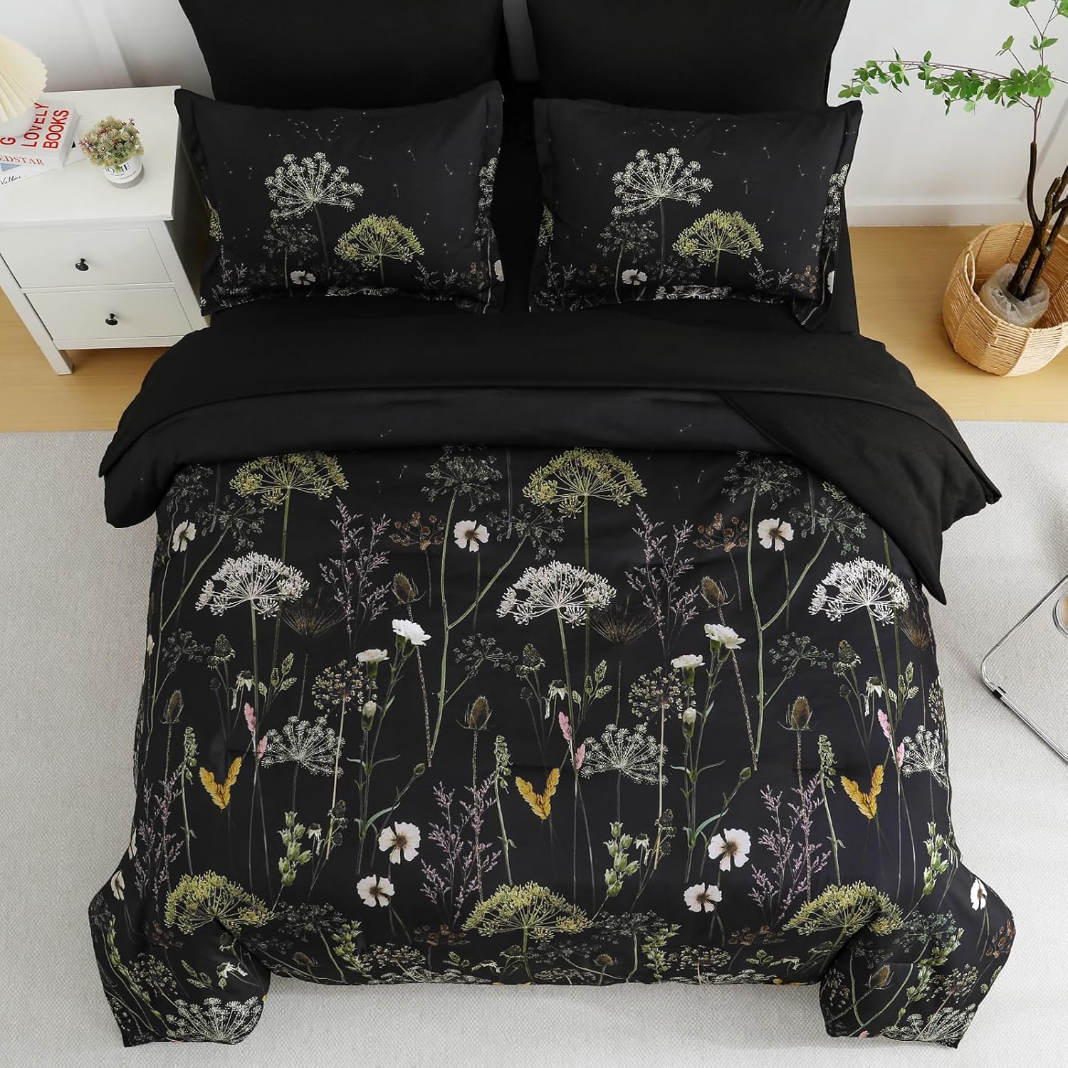 Yiran King Size Comforter Set, 7 Piece Comforter Floral Black Green Bedding Set, Soft Bed in a Bag King, Comforter, Sheets, Pillowcases & Shams - Image 3