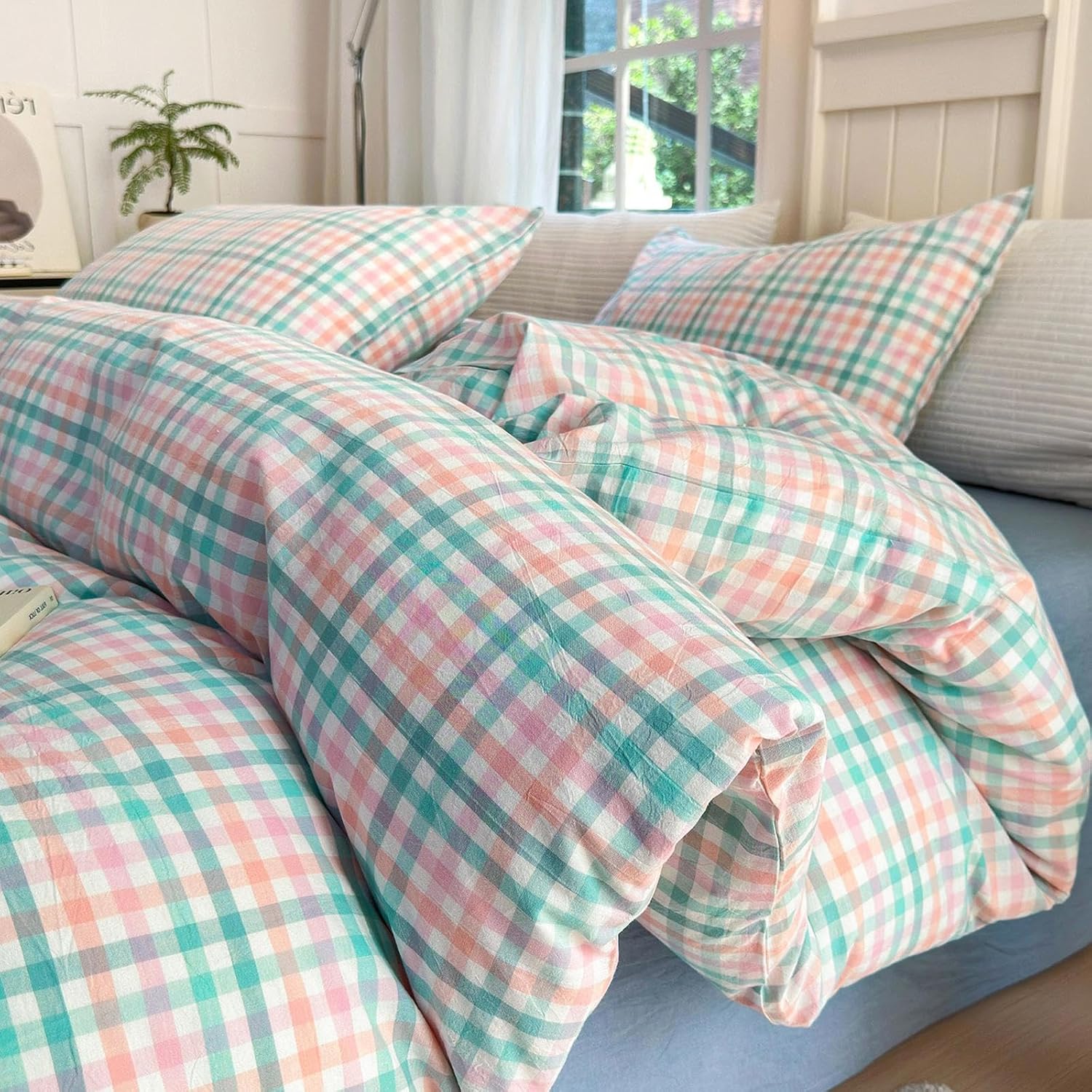 LifeTB Queen Comforter Set Tan Gingham Comforter Modern Style Beige Plaid Comforter Set 3 Pieces Fluffy Grid Checkered Comforter with 2 Pillowcases Boho Gingham Bedding Set Queen Size - Image 19