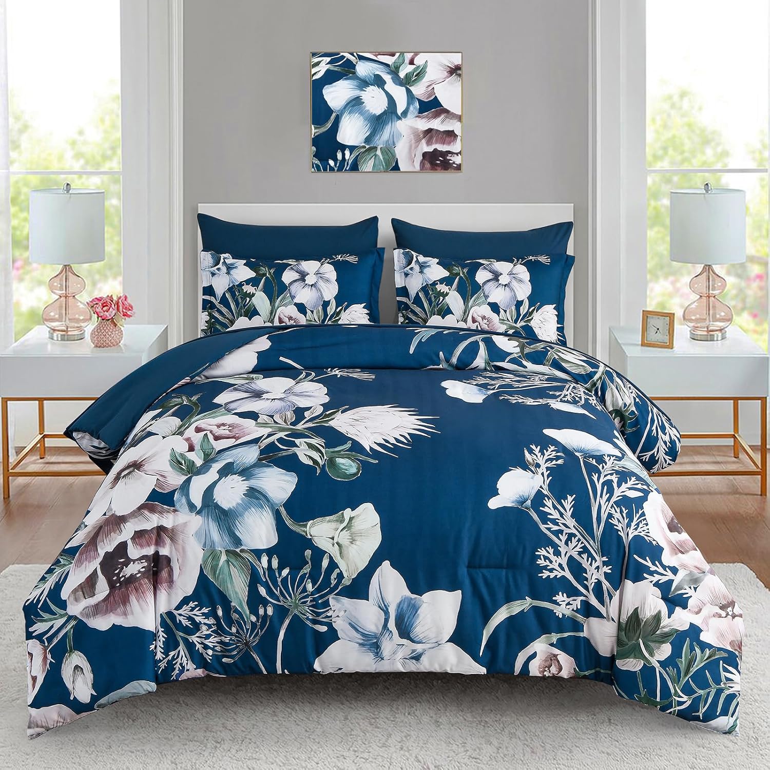 Luxudecor Floral Comforter Set Queen Size 7 Piece, Purple Flower Bed in a Bag, Elegant Floral Comforter with Sheet Set, Soft Microfiber Bedding Set for All Season (Purple, 90"x90") - Image 23