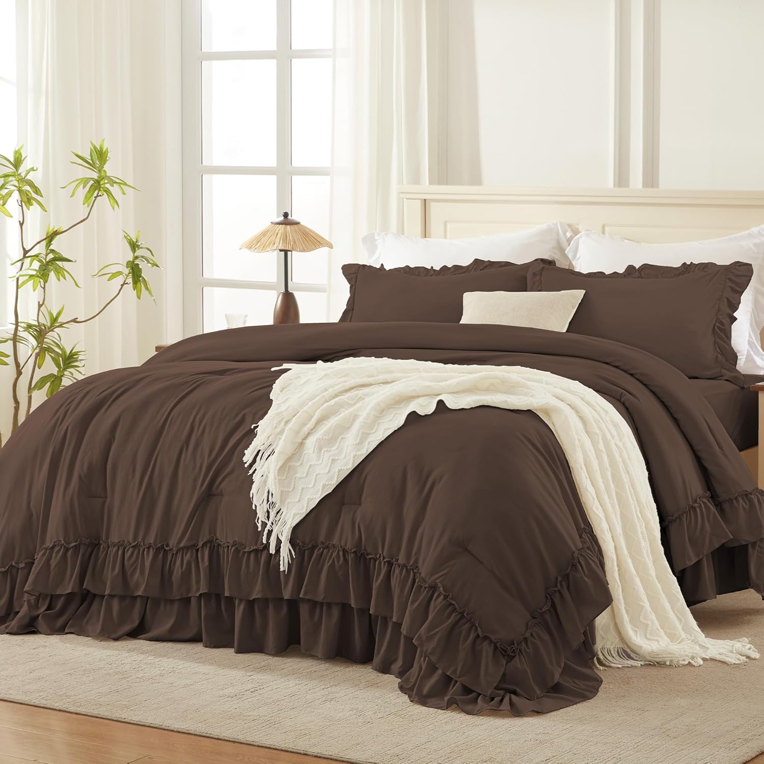 Andency Beige Full Size Comforter Set, 3 Pieces Farmhouse Shabby Chic Ruffle Comforter, Soft Lightweight Fluffy All Season Microfiber Bedding Comforter Set for Kids, Girls, Women - Image 10