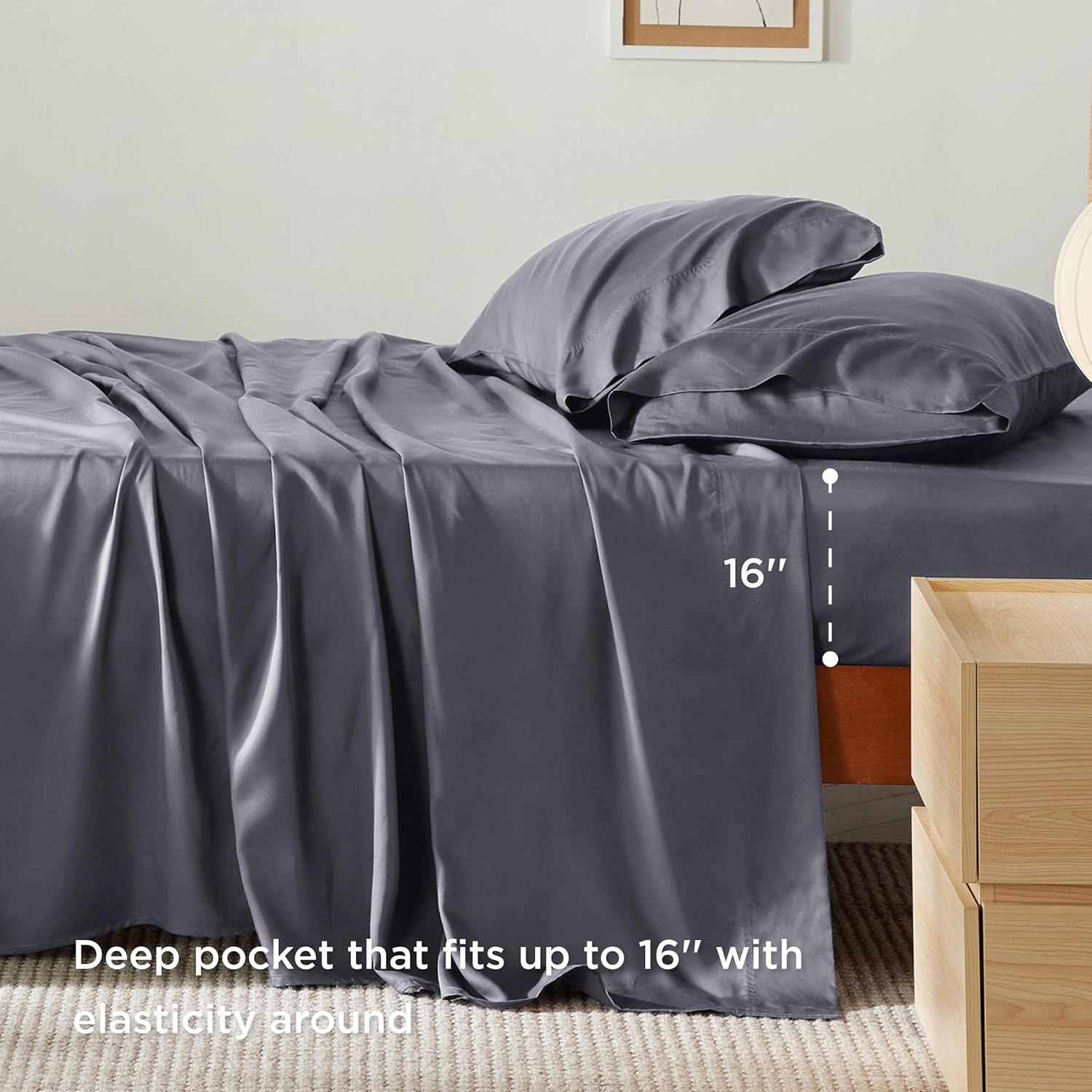 Bedsure King Size Sheets Set, Cooling Sheets for Hot Sleepers, Rayon Derived from Bamboo, Breathable & Soft, Deep Pocket Up to 16 Inches, Hotel Luxury Silky Bedding, Dark Grey - Image 3