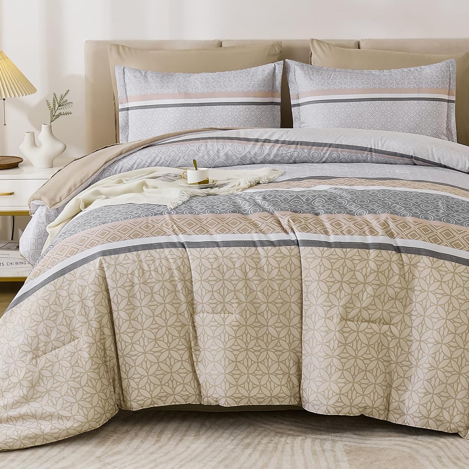 WONGS BEDDING 7 Pieces Comforter Set King Size, Brown Striped Bed in a Bag Comforter and Sheet Set, Bohemian Soft Lightweight Micorfiber Bedding Set for All Season (90"×104") - Image 7