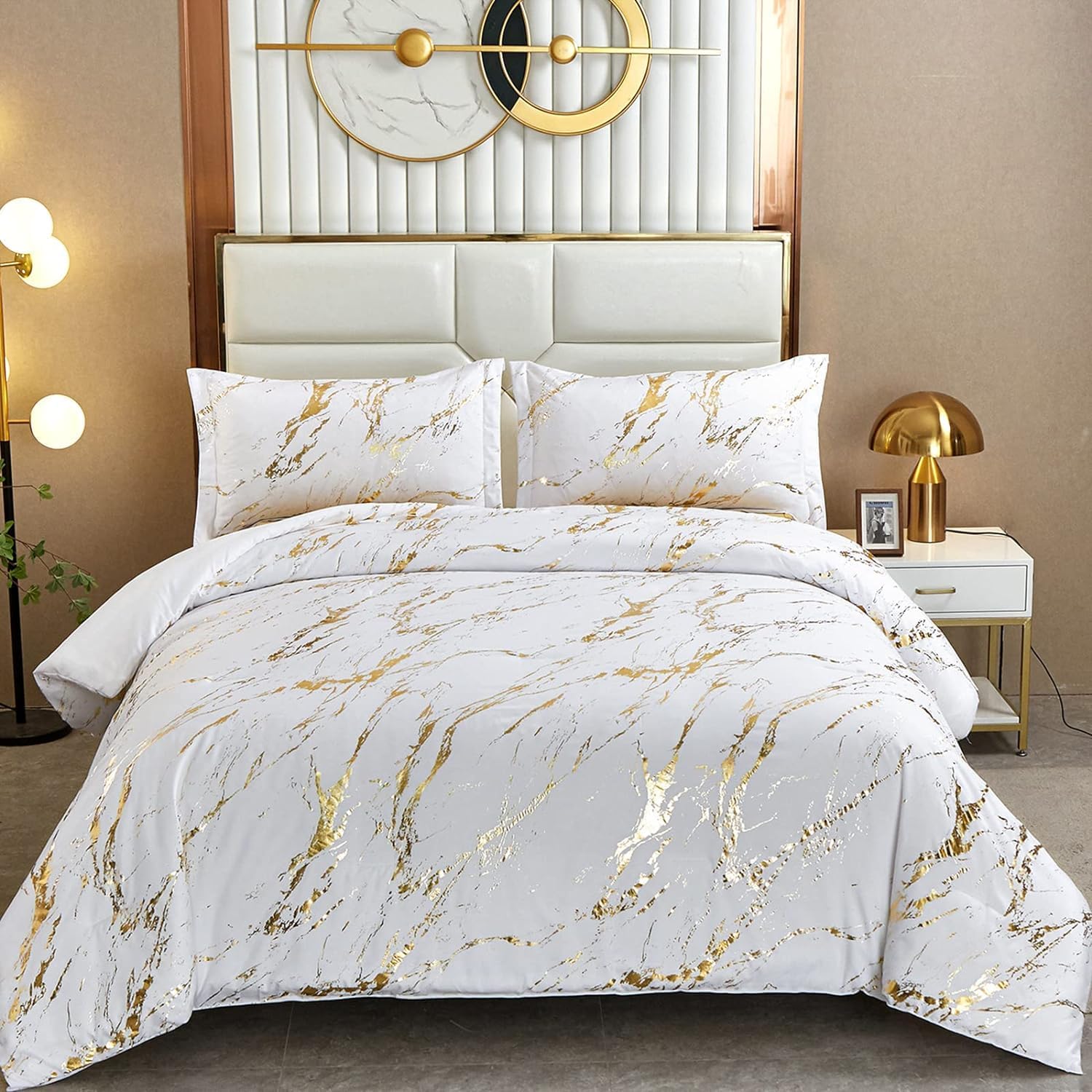 WONGS BEDDING White Gold Metallic Marble Comforter Set Queen Foil Print Glitter Bedding Sets with 2 Pillowcases for All Seasons, Soft Microfiber Filling Bedding Duvet Set 90"x90" - Image 12