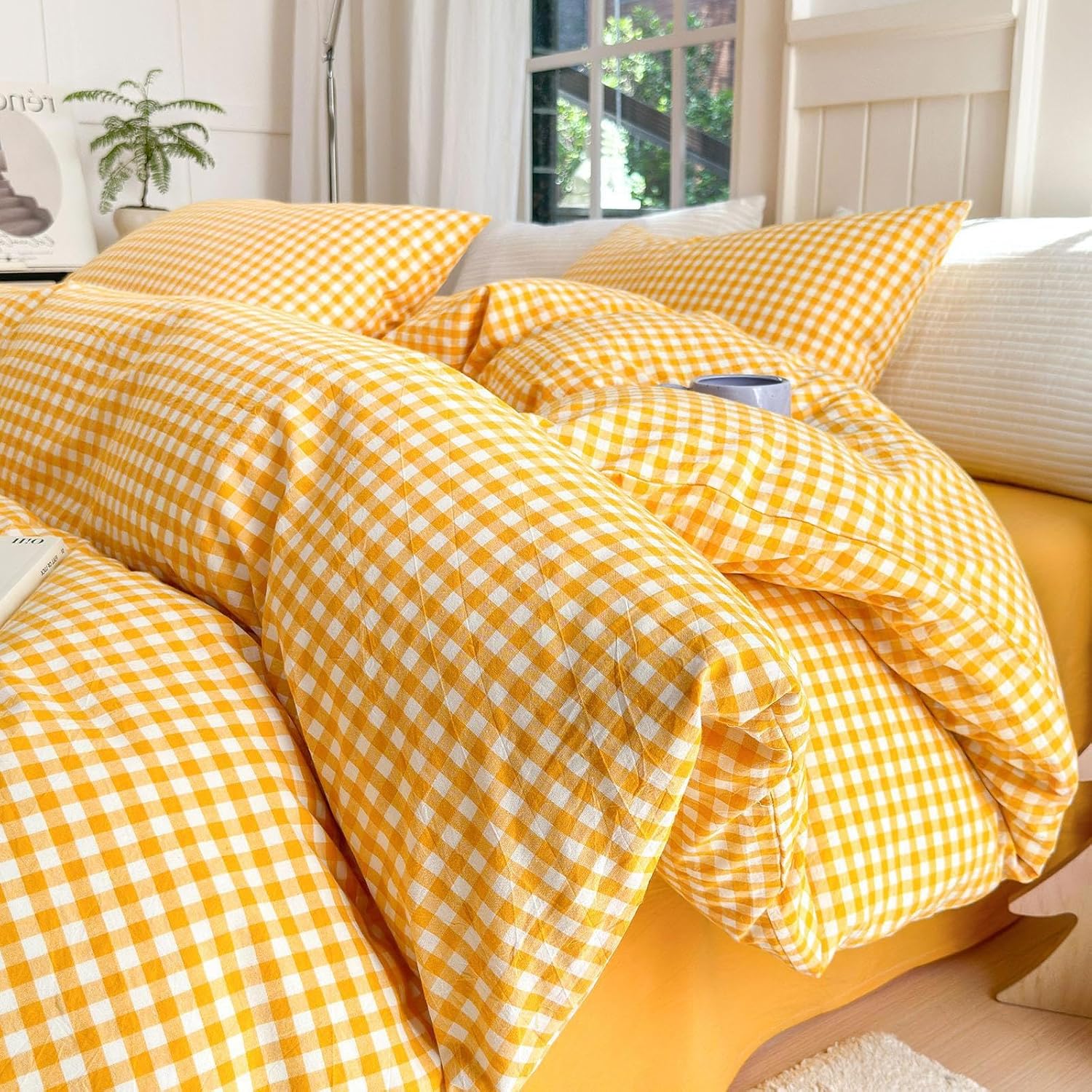 LifeTB Queen Comforter Set Tan Gingham Comforter Modern Style Beige Plaid Comforter Set 3 Pieces Fluffy Grid Checkered Comforter with 2 Pillowcases Boho Gingham Bedding Set Queen Size - Image 13