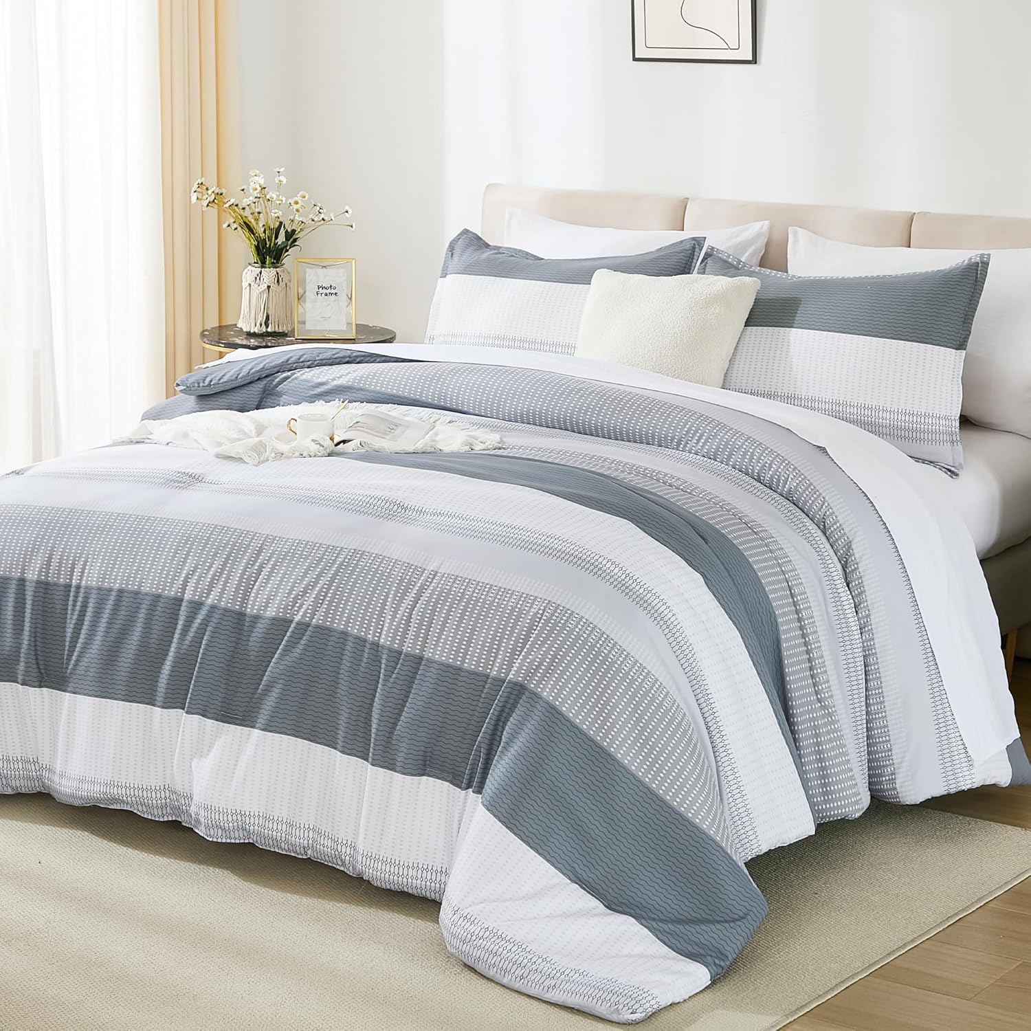 Andency Queen Comforter Set 7 Pieces Bed in a Bag - Black White Grey Striped Lightweight Soft Microfiber All Season Queen Size Bedding Set with Comforter, Fitted & Flat Sheet, Pillowcases & Shams - Image 11