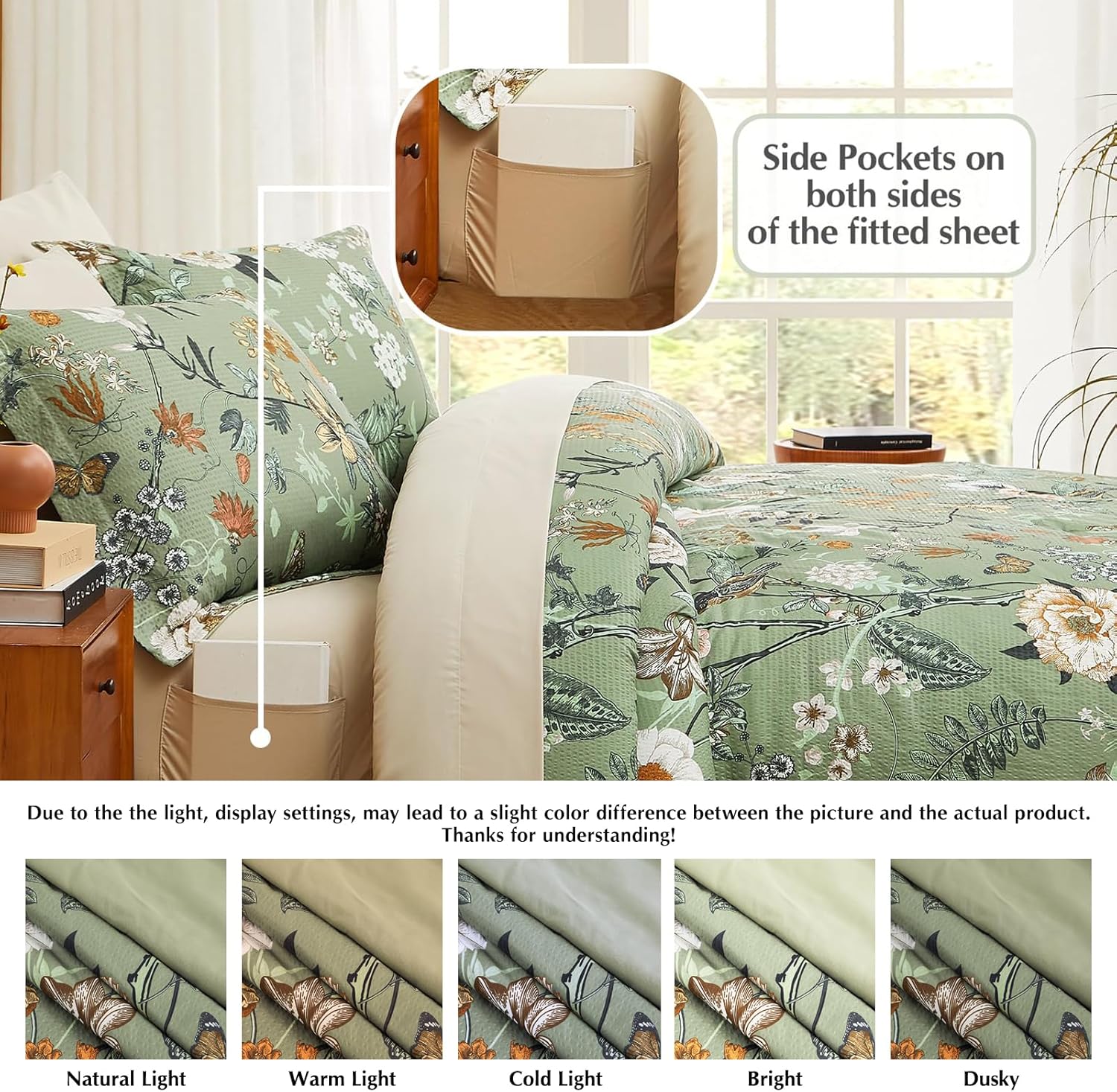 CASAAGUSTO Full Size Comforter Sets-7 Pieces Green Floral Bedding Sets, Bed in a Bag Full with Botanical Butterfly Comforter, Sheets, Pillowcases & Shams for All Seasons - Image 3