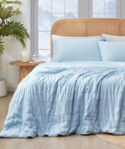 Cozy Bliss Seersucker Cooling Comforter King Size, Q-Max 0.4 Reversible Lightweight Cooling Blanket, Breathable Silk Smooth Summer Bedding Quilt for Hot Sleepers Night Sweats Cold Blue