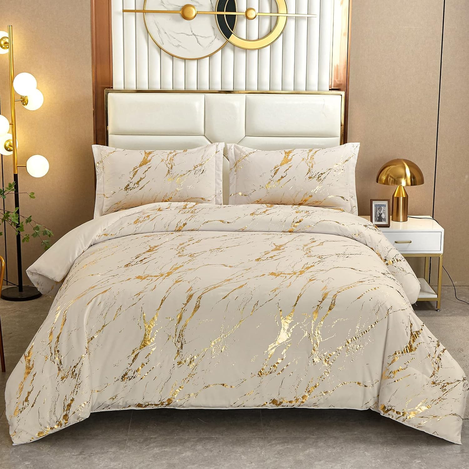 WONGS BEDDING White Gold Metallic Marble Comforter Set Queen Foil Print Glitter Bedding Sets with 2 Pillowcases for All Seasons, Soft Microfiber Filling Bedding Duvet Set 90"x90" - Image 8
